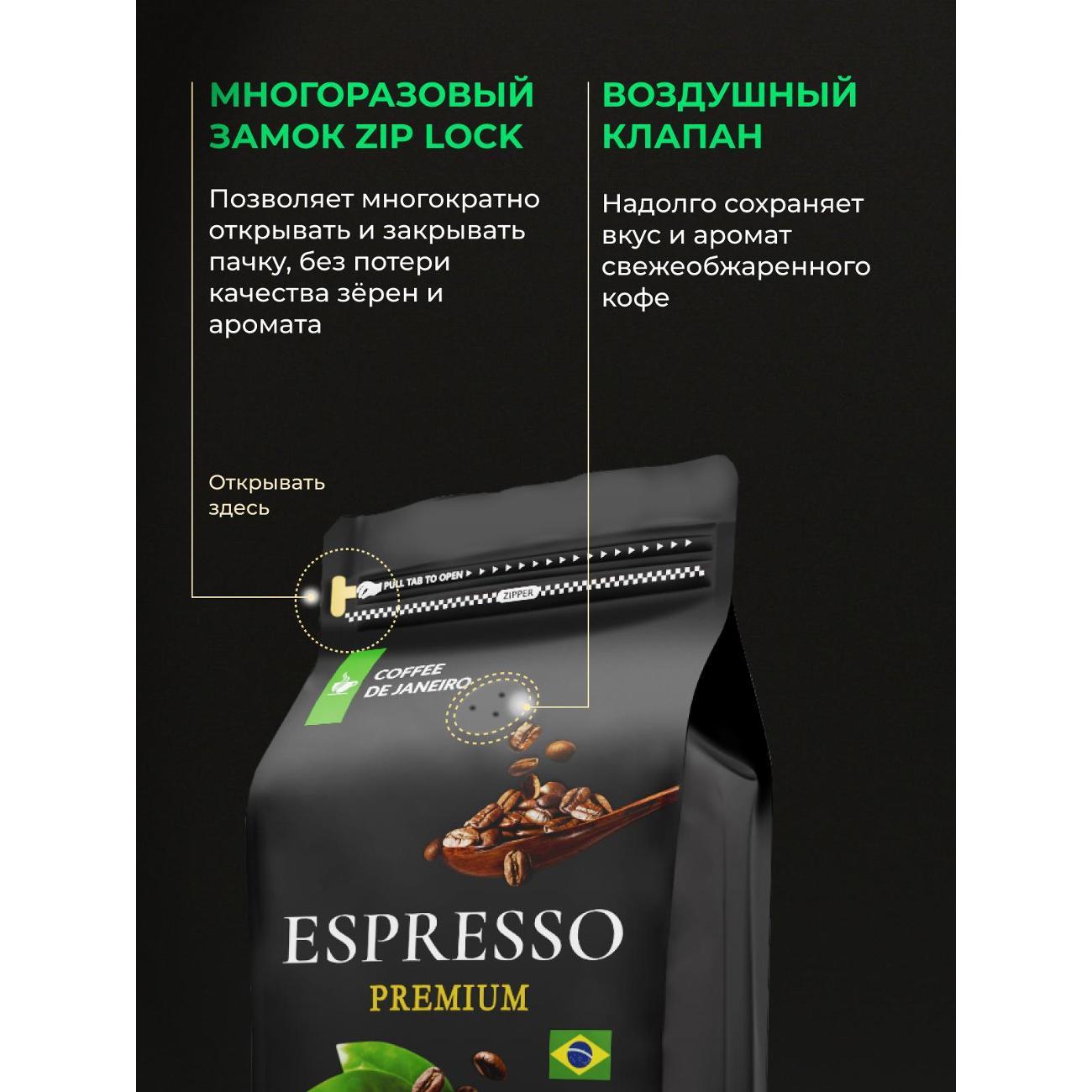 Кофе зерновой De Janeiro ESPRESSO PREMIUM 100% Арабика
