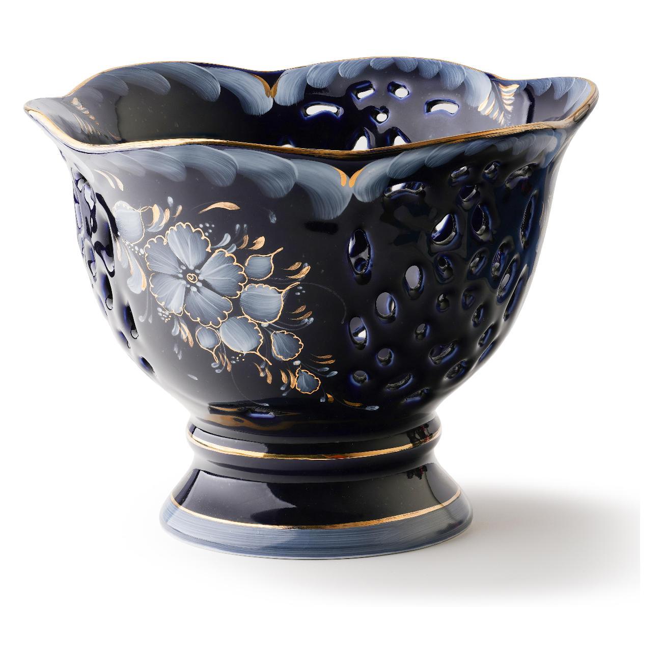 Ваза для фруктов Гжель Ваза "Ажурная" d-215мм, h-160мм, кобальтовая глазурь/краски/золото