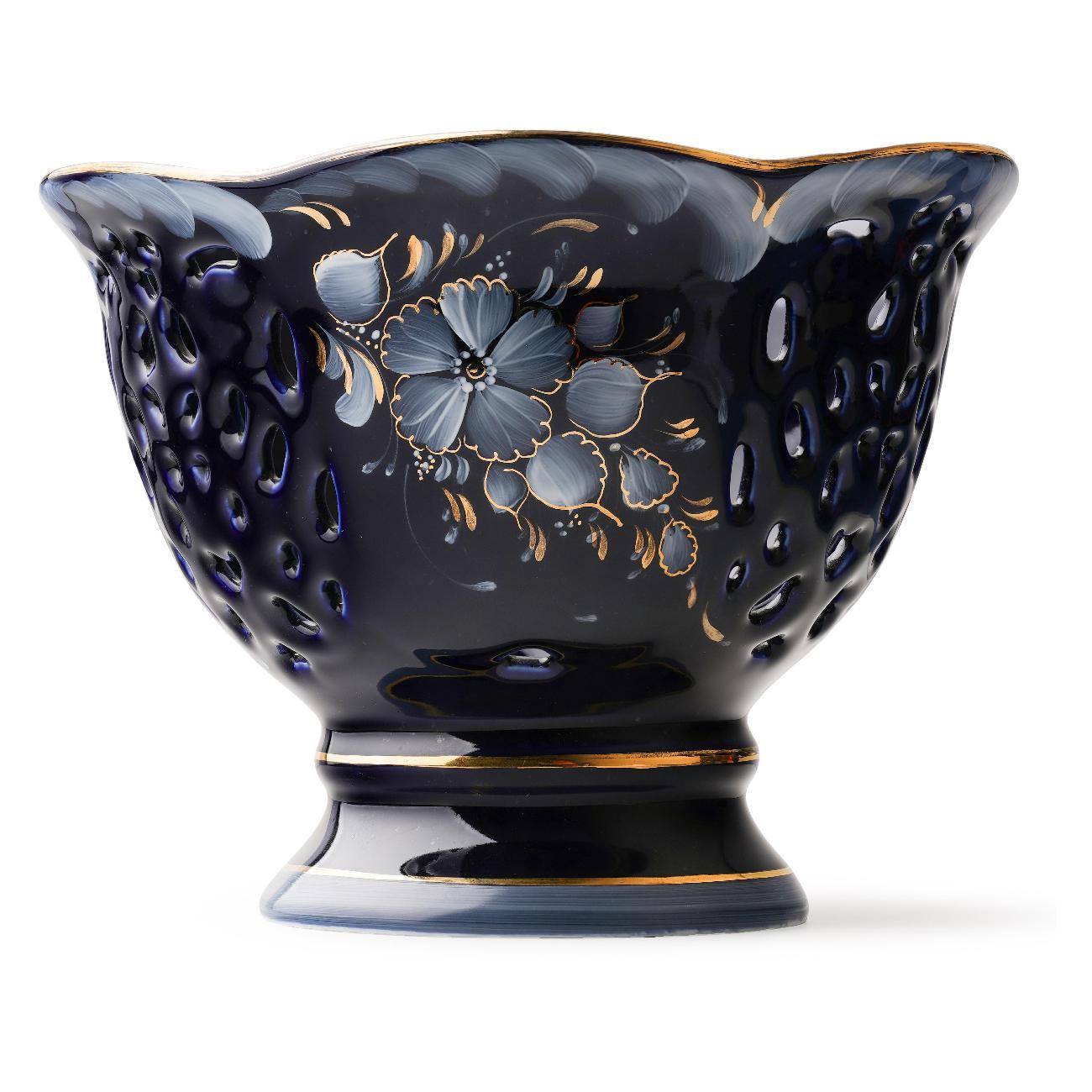 Ваза для фруктов Гжель Ваза "Ажурная" d-215мм, h-160мм, кобальтовая глазурь/краски/золото