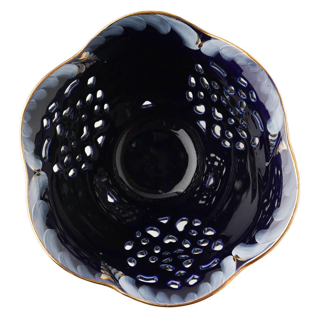 Ваза для фруктов Гжель Ваза "Ажурная" d-215мм, h-160мм, кобальтовая глазурь/краски/золото