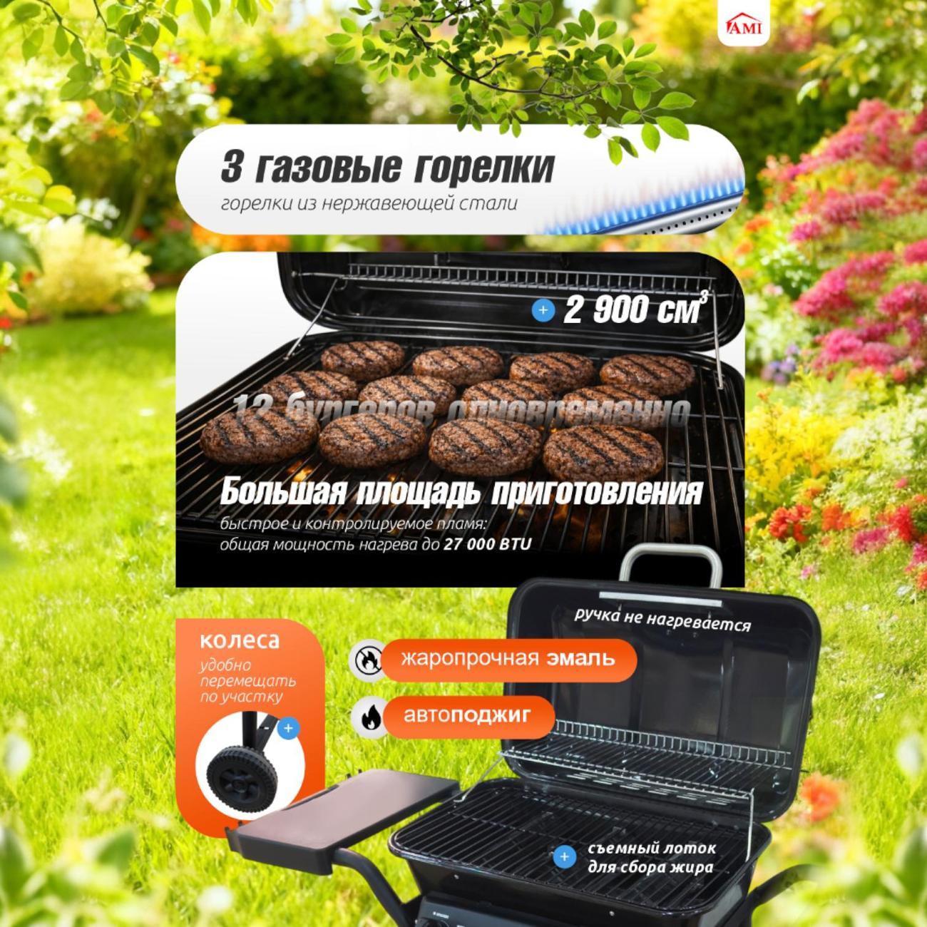 Газовый гриль туристический Ami Pro Expert черный портативный для барбекю