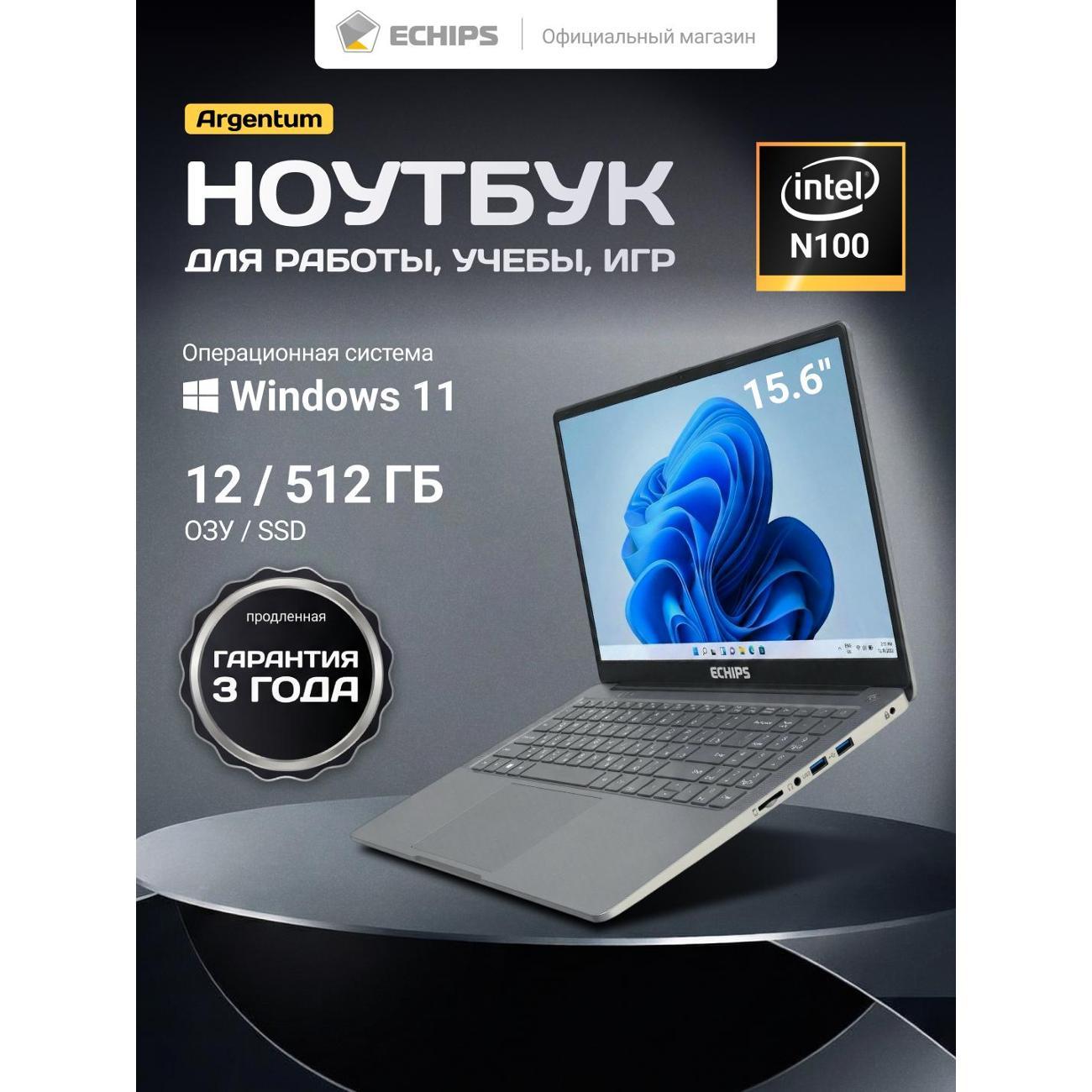 Ноутбук Echips 15.6" Argentum Intel N100, 4 ядра, 12/512