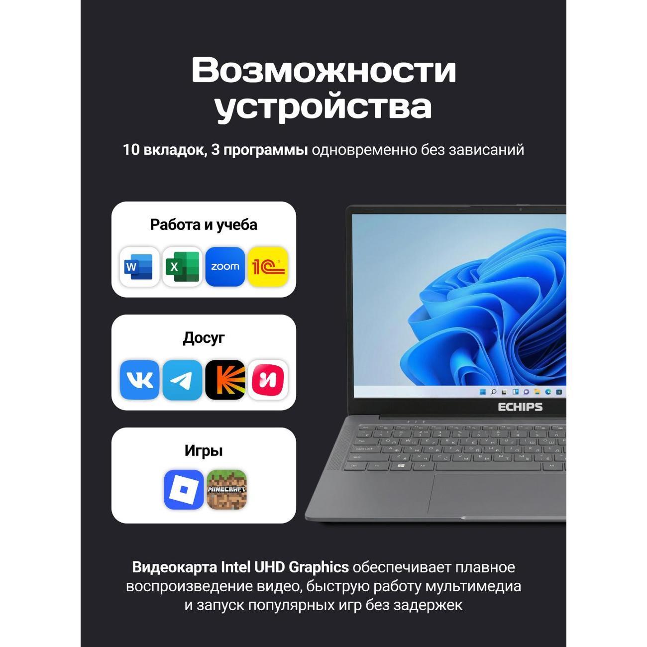 Ноутбук Echips 15.6" Argentum Intel N100, 4 ядра, 12/512