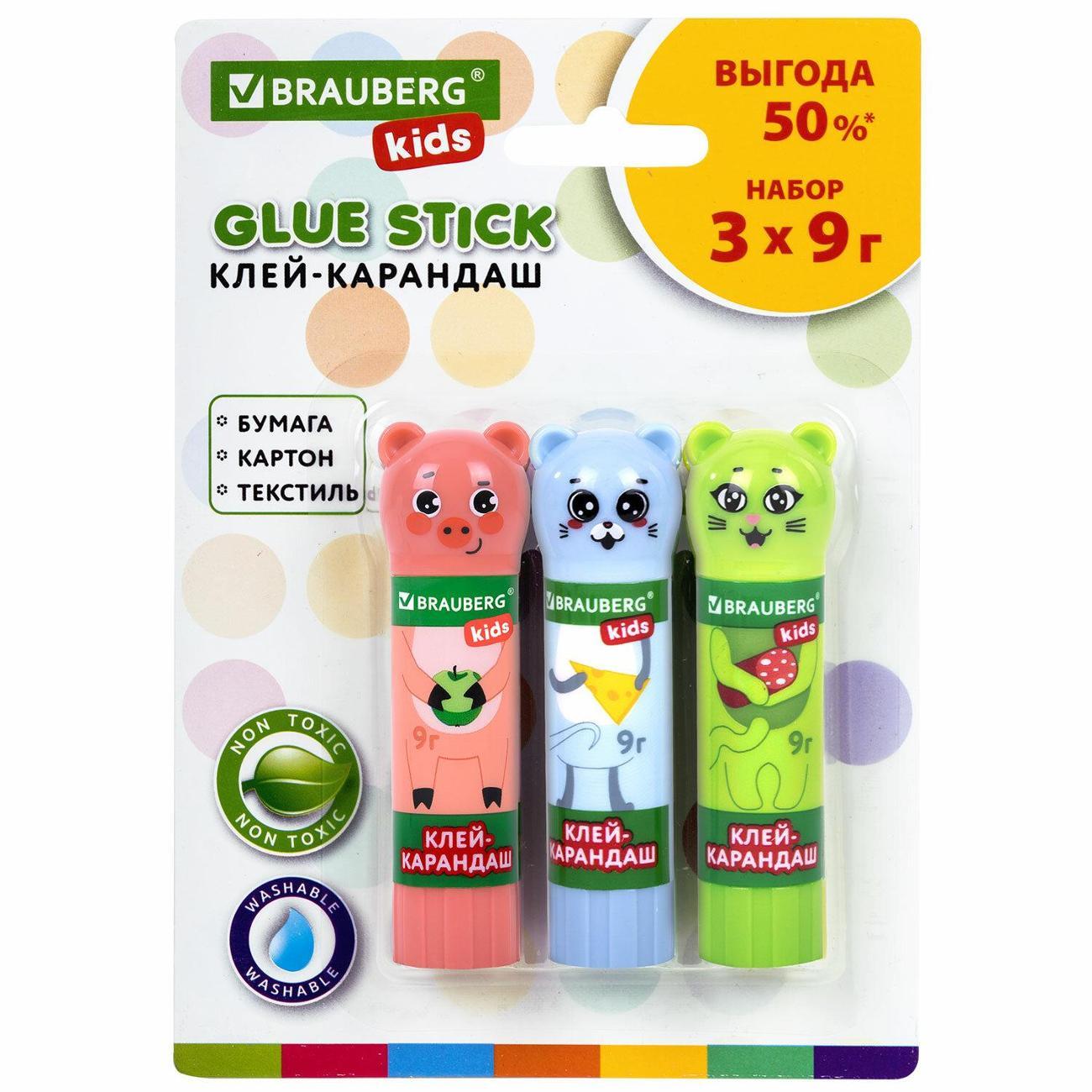 Клей Brauberg Клей-карандаш BRG KIDS Кошка,мышка,хрюшка 9г 3шт