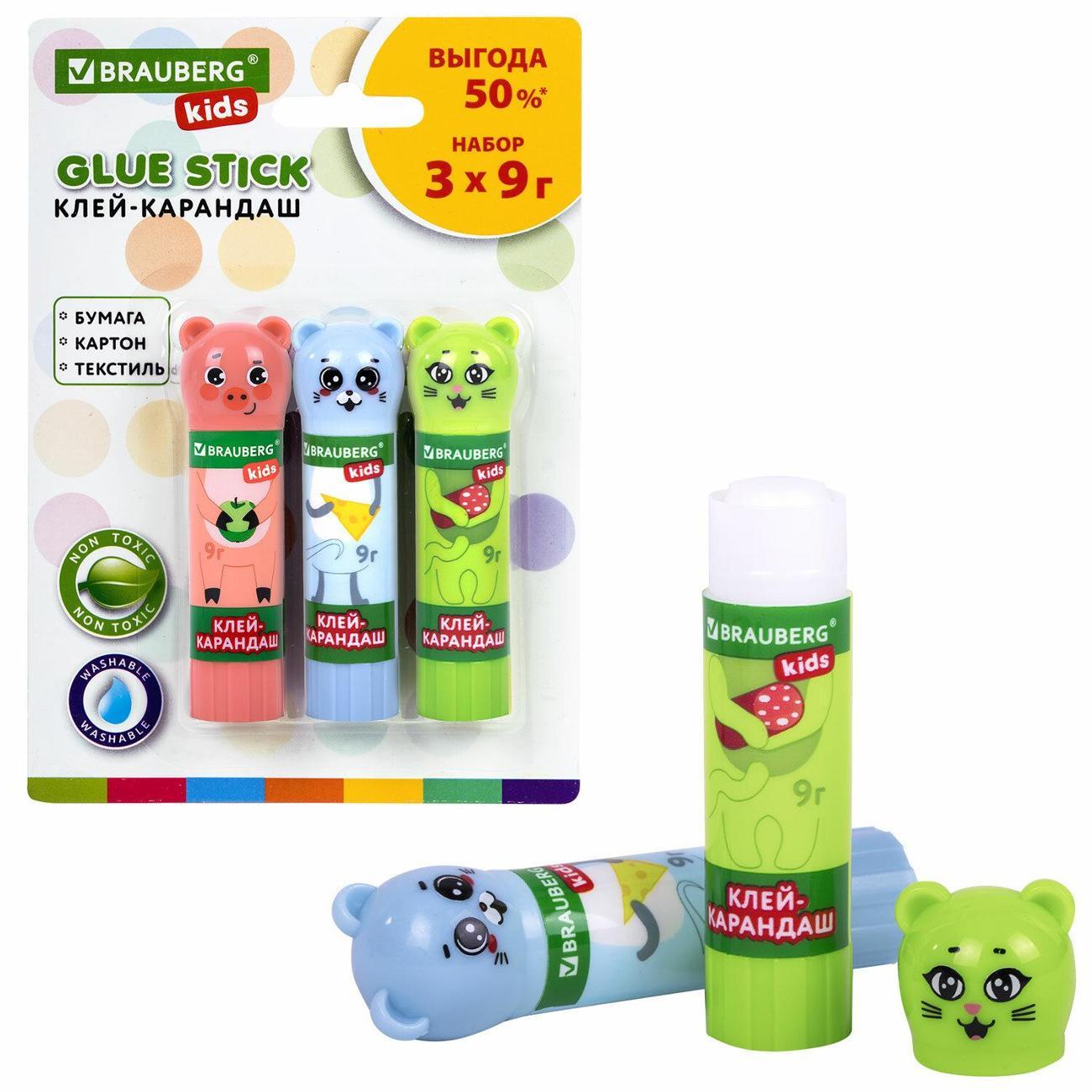 Клей Brauberg Клей-карандаш BRG KIDS Кошка,мышка,хрюшка 9г 3шт