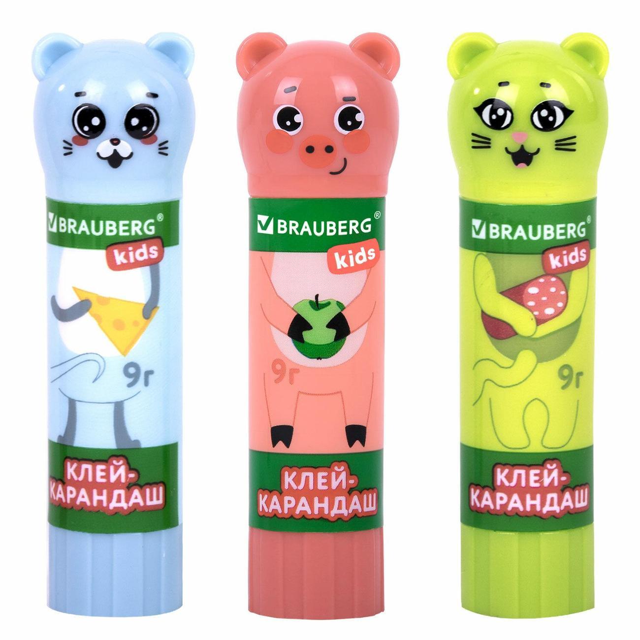 Клей Brauberg Клей-карандаш BRG KIDS Кошка,мышка,хрюшка 9г 3шт