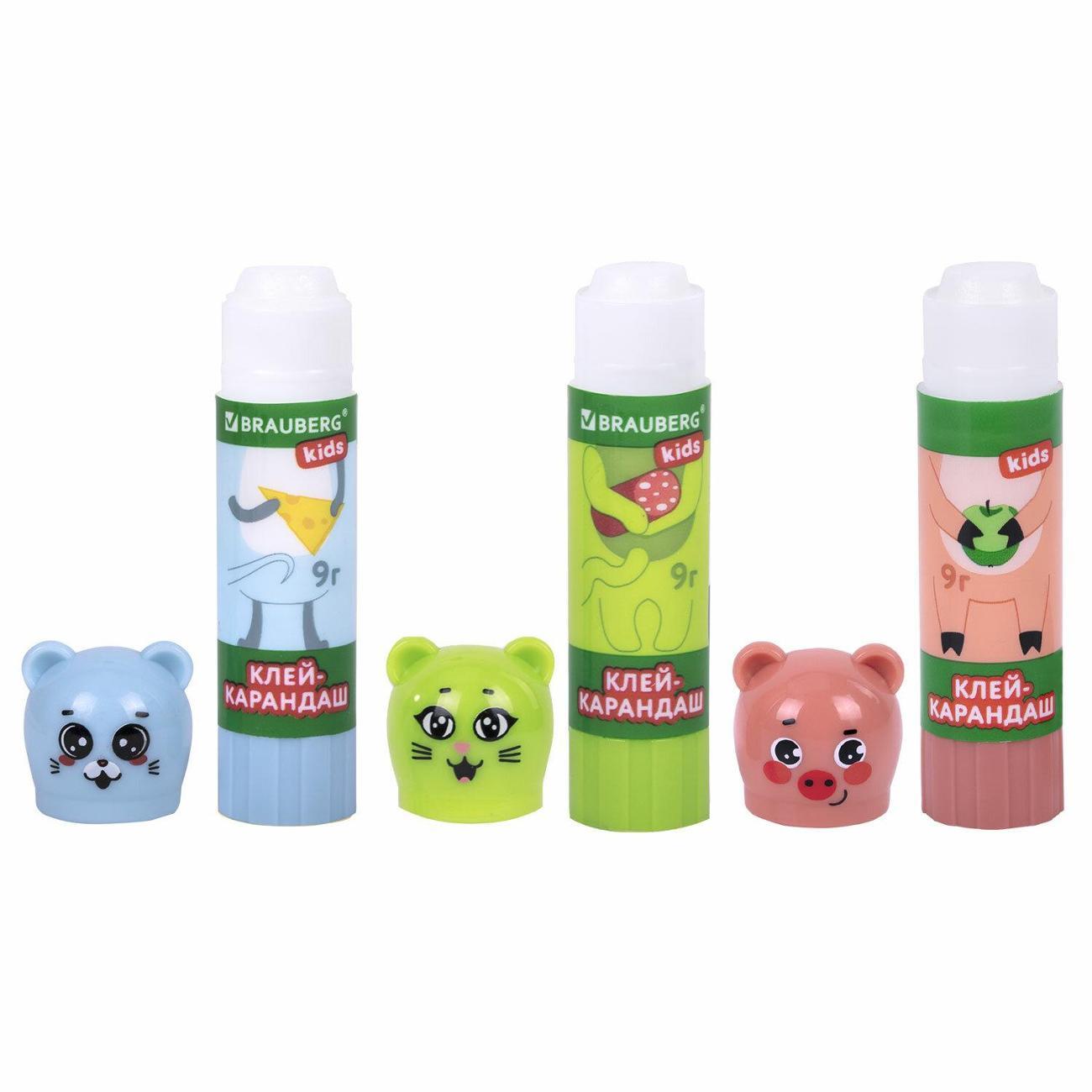 Клей Brauberg Клей-карандаш BRG KIDS Кошка,мышка,хрюшка 9г 3шт