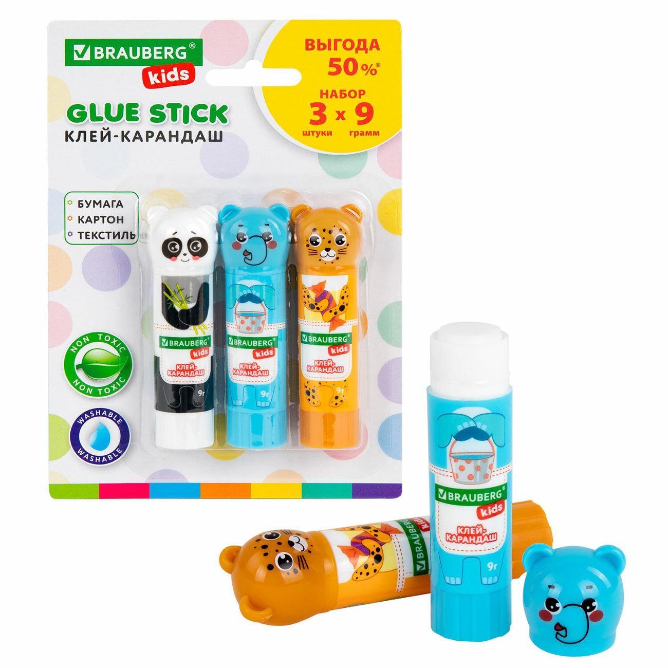 Клей Brauberg Клей-карандаш BRG KIDS Панда, слон, леопард 9г 3ш