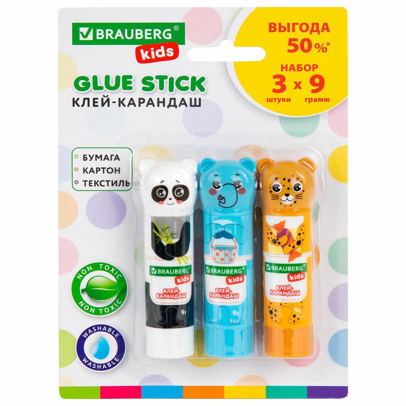 Клей Brauberg Клей-карандаш BRG KIDS Панда, слон, леопард 9г 3ш