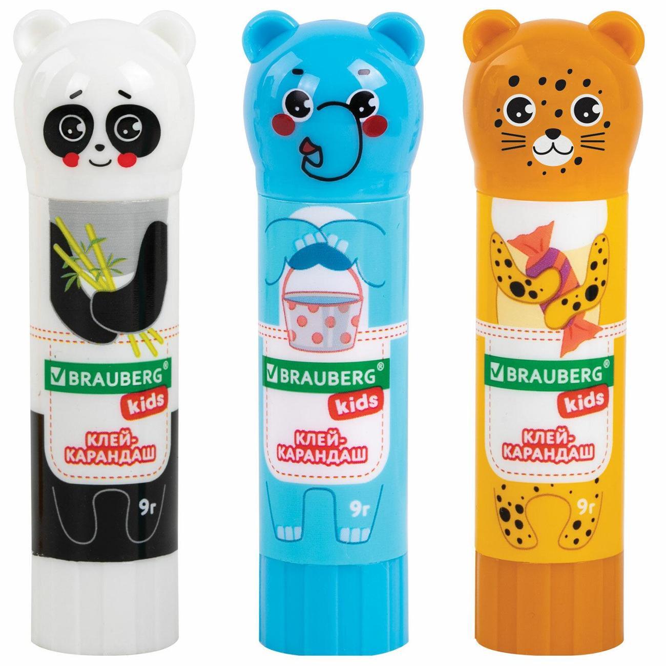 Клей Brauberg Клей-карандаш BRG KIDS Панда, слон, леопард 9г 3ш