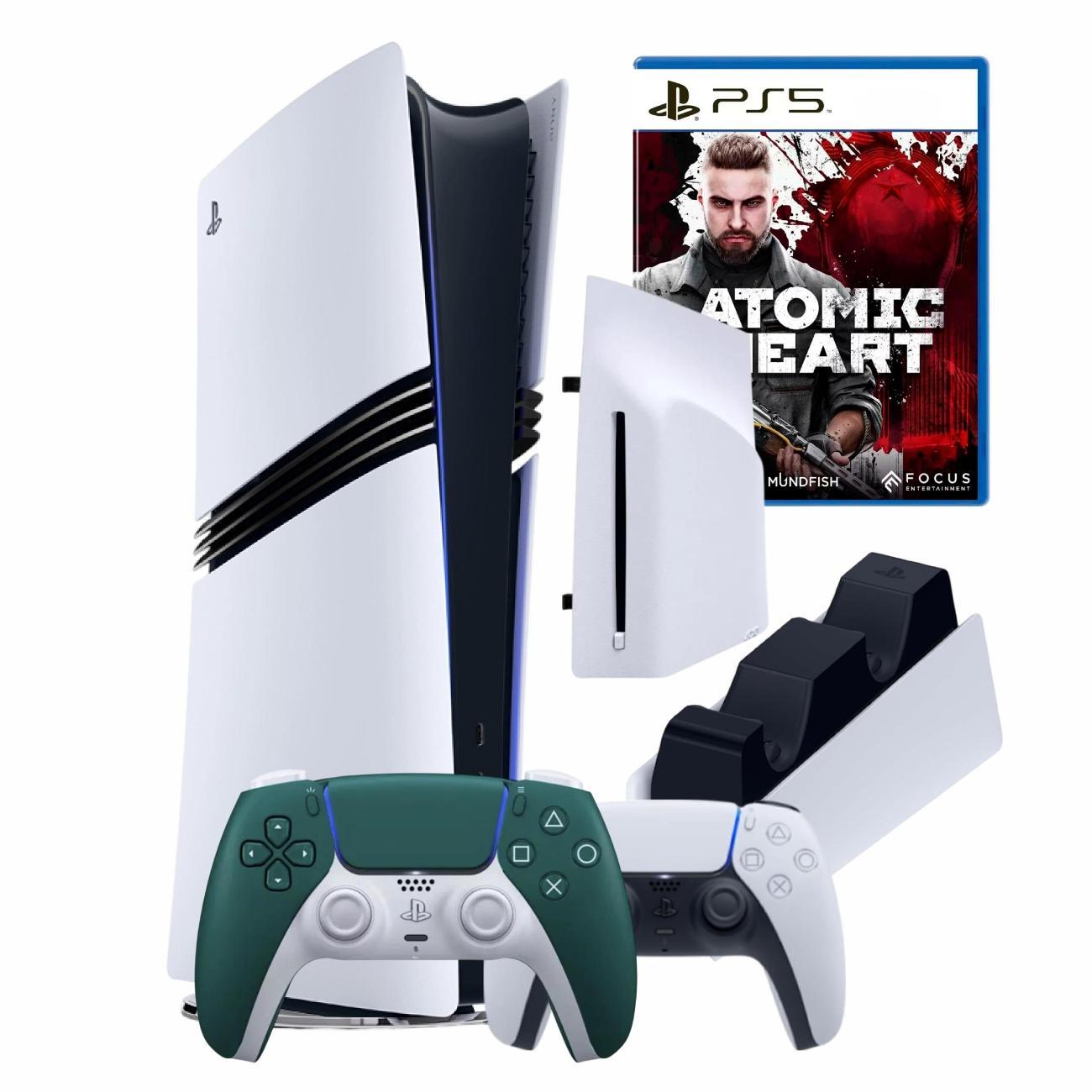 Игровая приставка Sony PS5 Pro + 2й геймпад альпийский зеленый + игра Atomic Heart + станция зарядки + дисковод фото