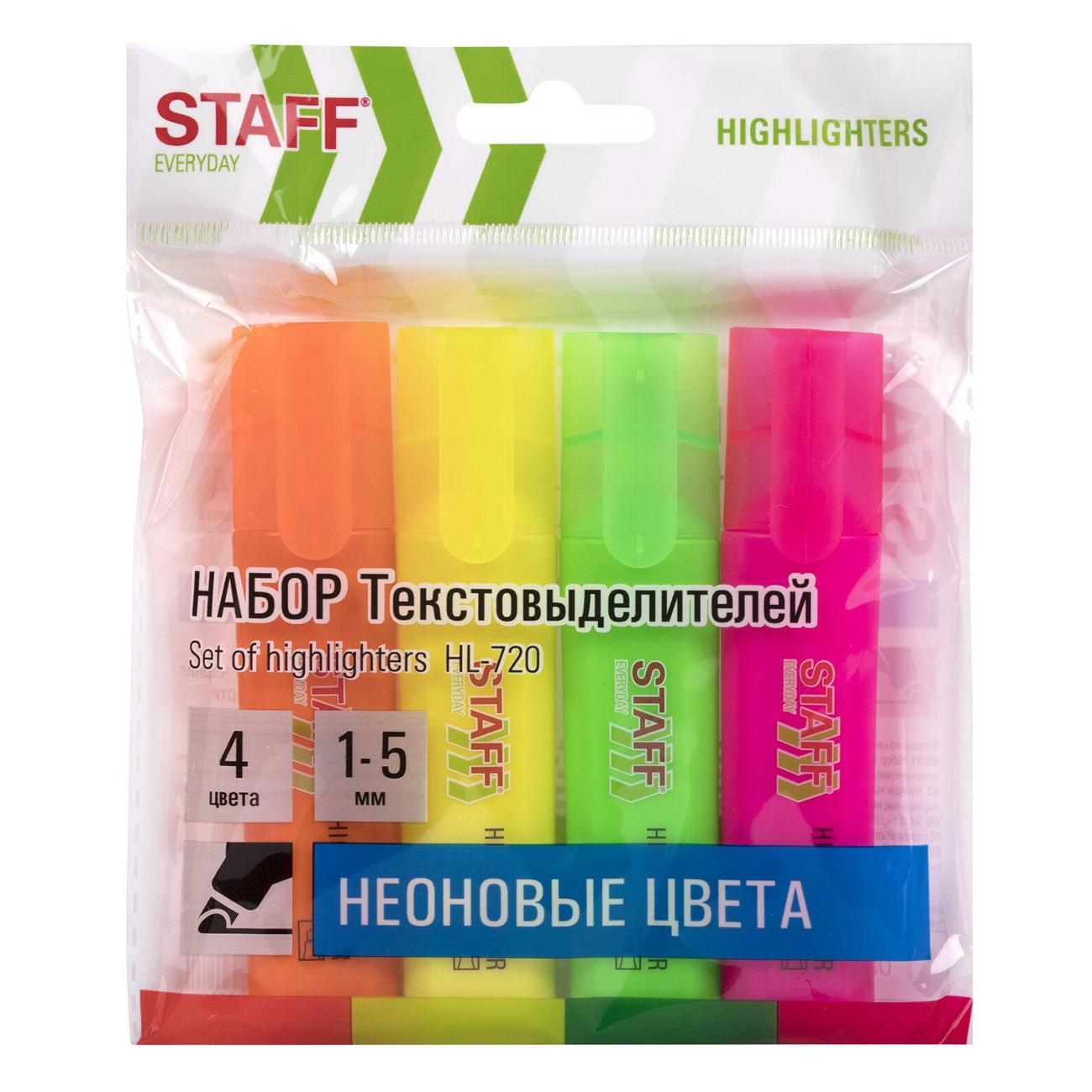Текстовыделитель Staff Текстовыделители STAFF HL-720 4шт, неон ассорти