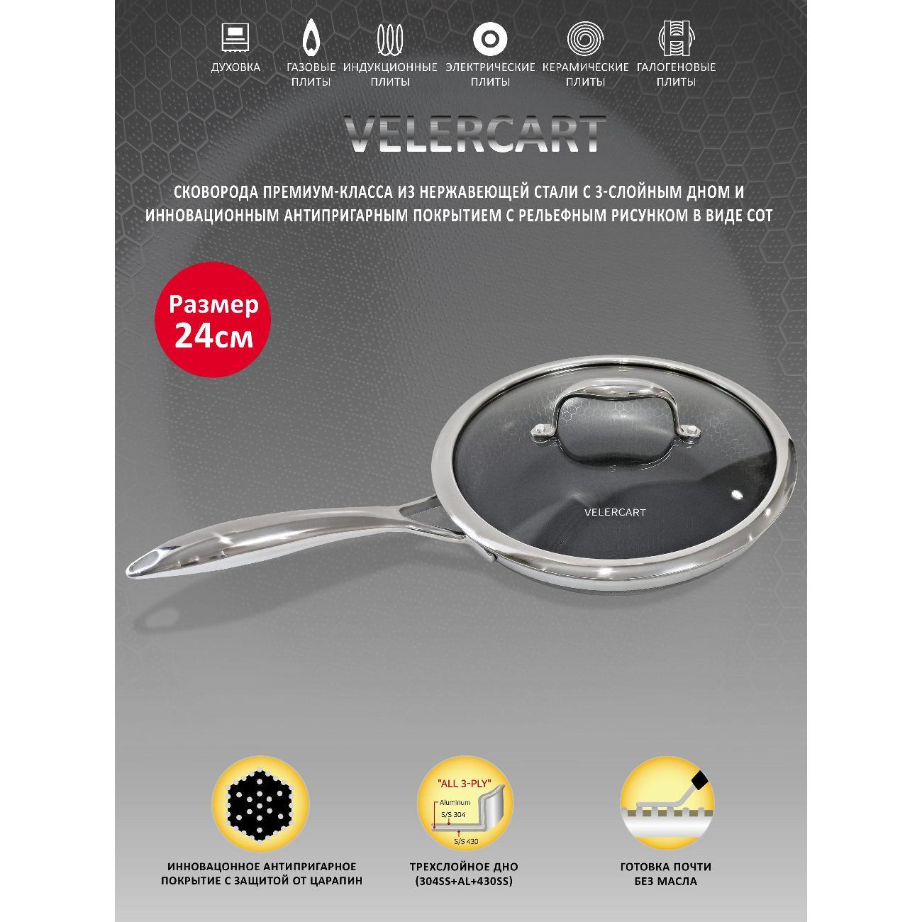 Сковорода VELERCART Сковорода из нержавеющей стали с антипригарным покрытием VELERCART T-Type, диаметр 24 см, с крышкой