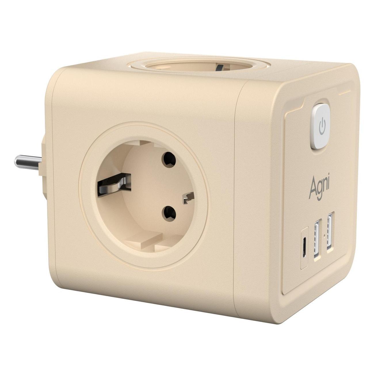 Тройник и переходник электрический AGNI TP-WJ3U4E-C-ivory