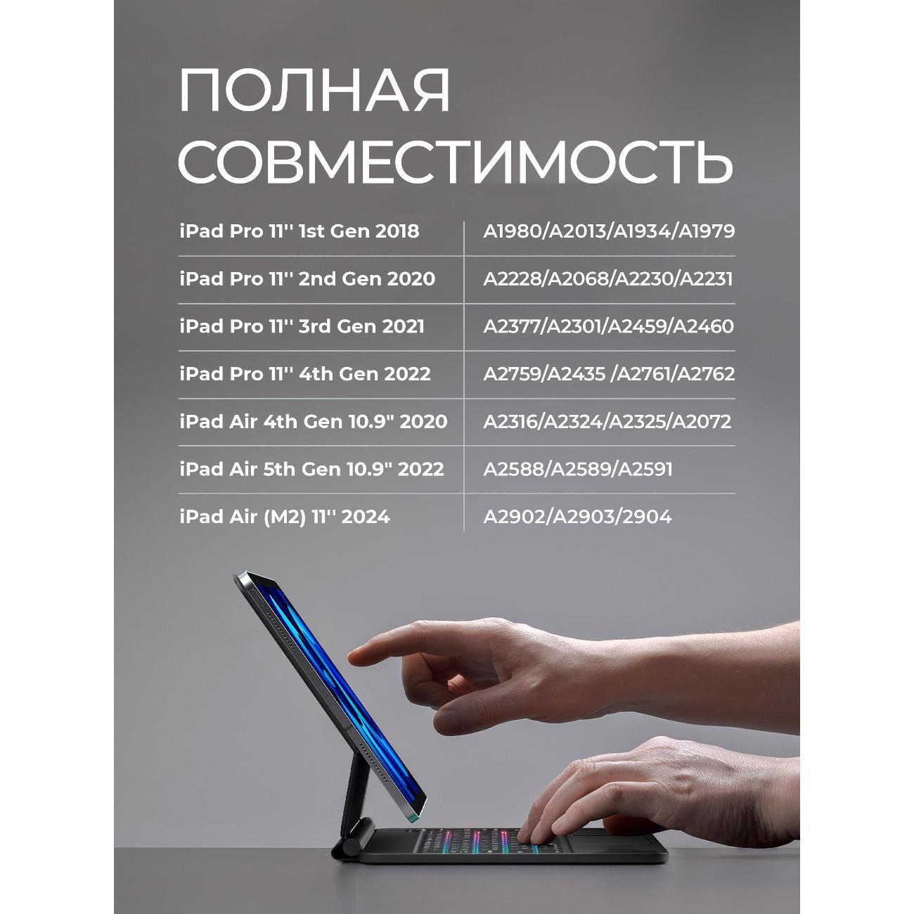 Клавиатура для планшета Deppa для iPad Pro 11"/iPad Air 10.9"/iPad Air 11", 650 мАч, ножничная , RGB подсветка, магнитное крепление, soft touch, touchpad, черная (71116)