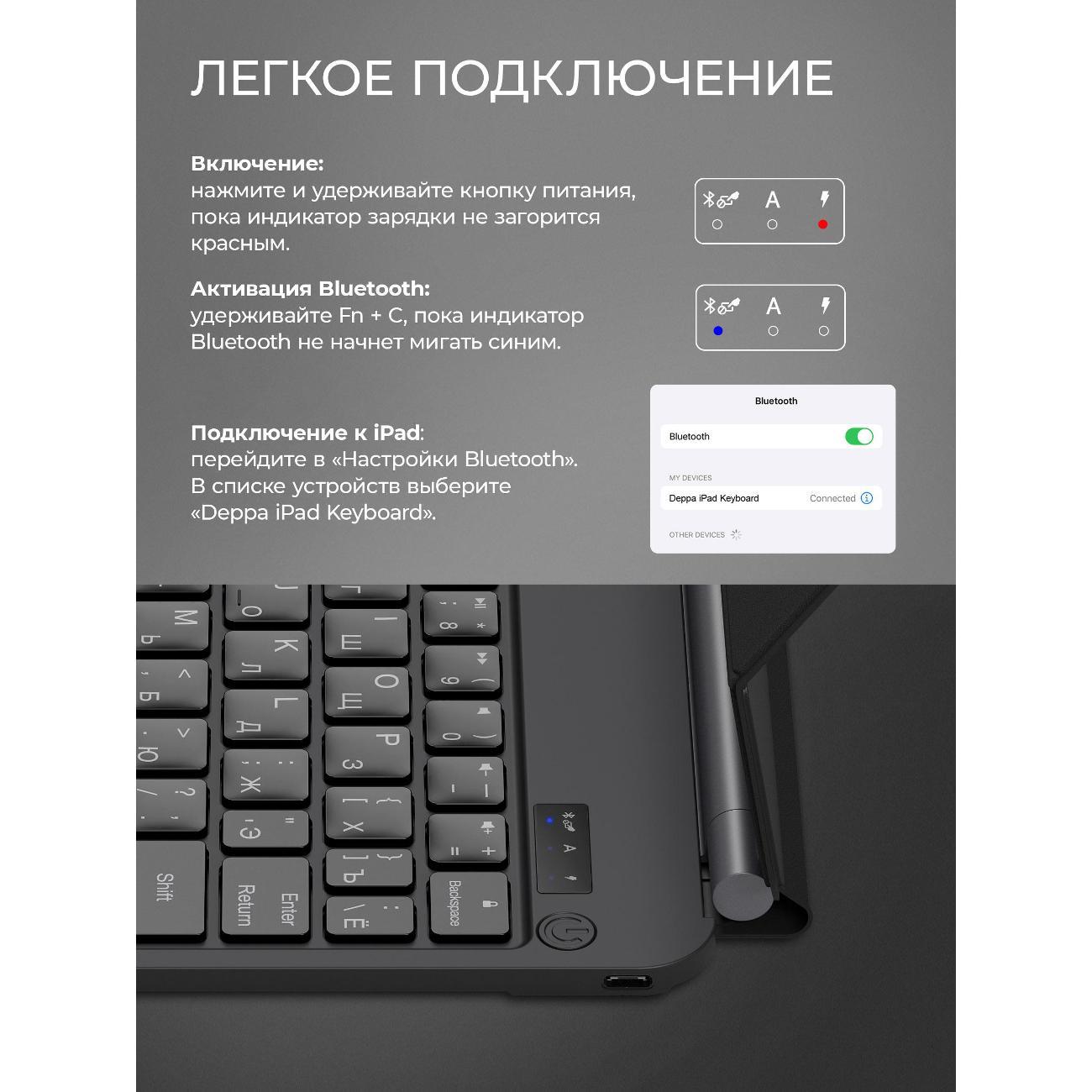 Клавиатура для планшета Deppa для iPad Pro 11"/iPad Air 10.9"/iPad Air 11", 650 мАч, ножничная , RGB подсветка, магнитное крепление, soft touch, touchpad, черная (71116)
