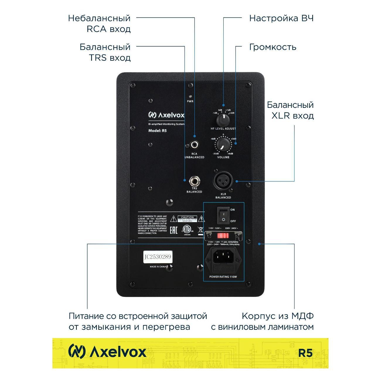Студийный монитор Axelvox R5 ,  Активная акустическая система 60Гц-20кГц, SPL 106 дБ, 75W RMS, входы: XLR, RCA, TRS