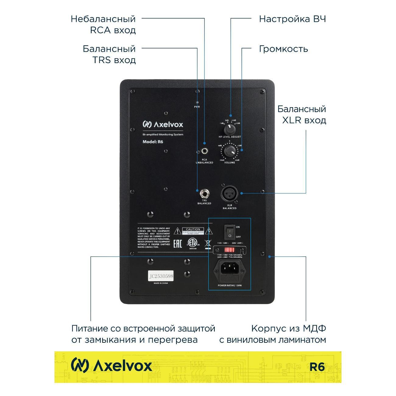 Студийный монитор Axelvox R6, Активная акустическая система   50Гц-20кГц, SPL 108 дБ, 110W RMS, входы: XLR, RCA, TRS