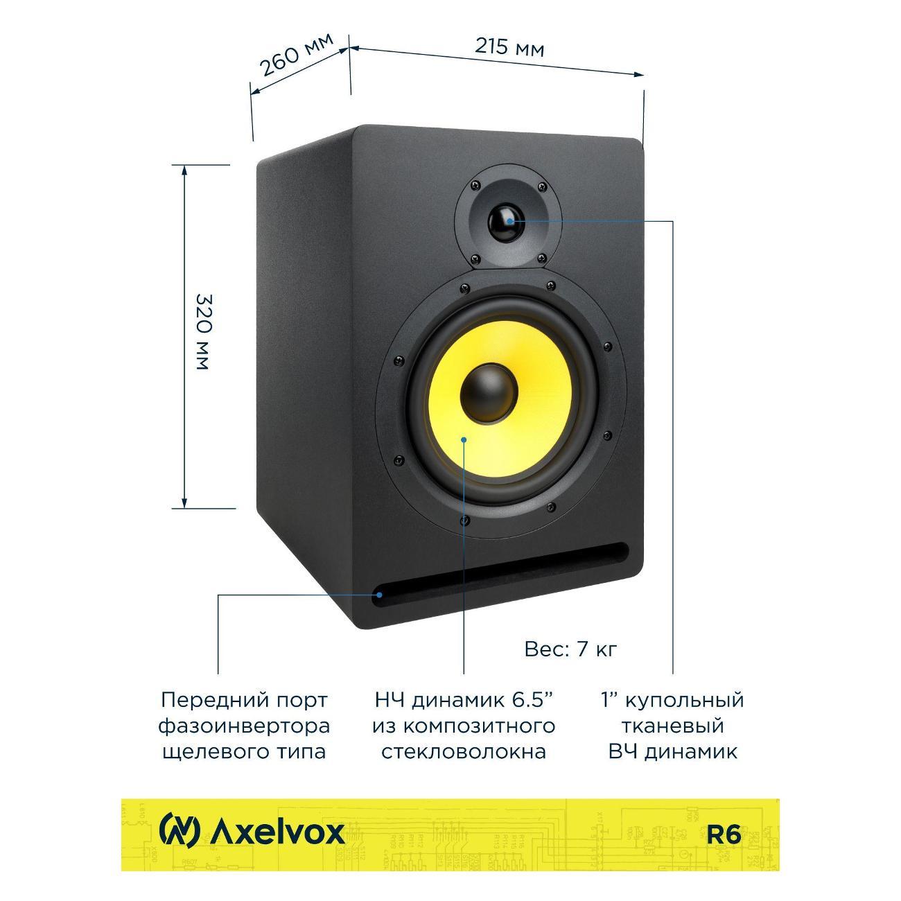 Студийный монитор Axelvox R6, Активная акустическая система   50Гц-20кГц, SPL 108 дБ, 110W RMS, входы: XLR, RCA, TRS