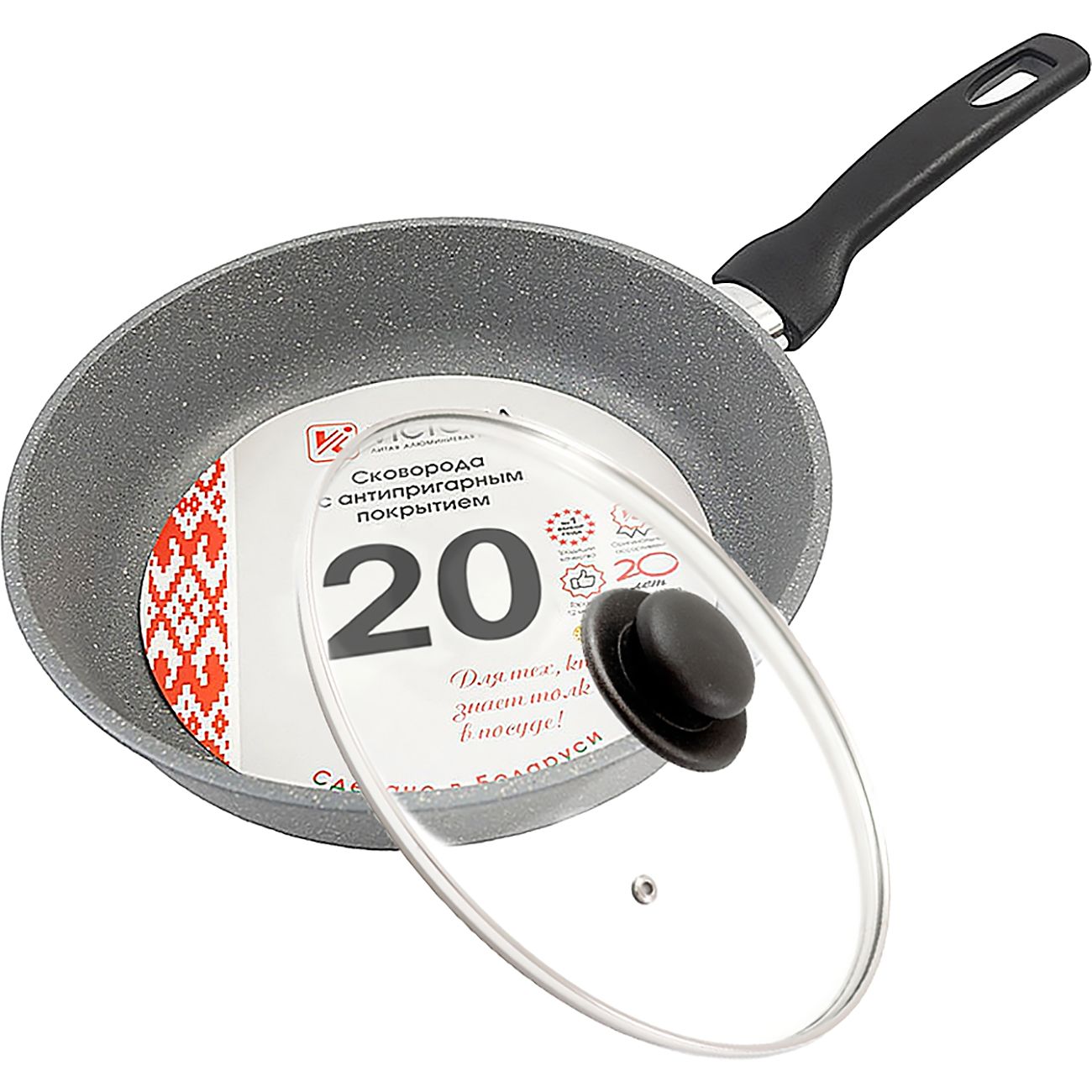 Сковорода InHome Мрамор 20см, с крышкой (IN20K/MR04)