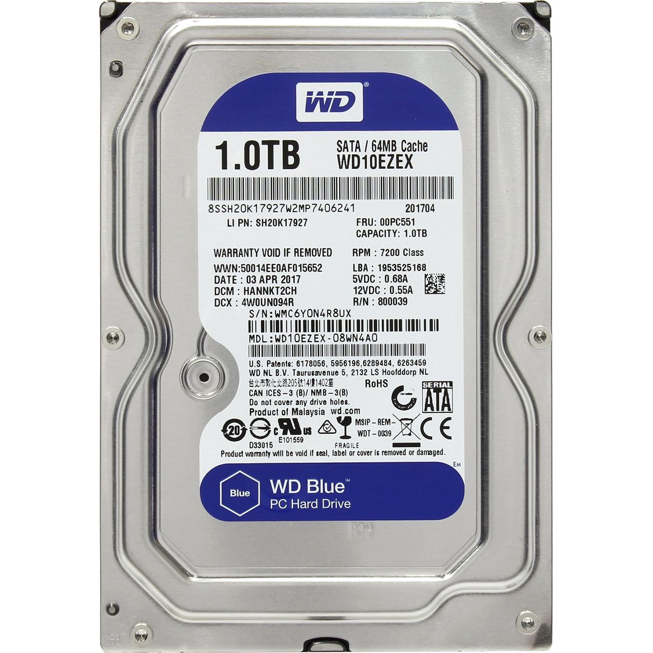 Жесткий диск WD Caviar Blue WD10EZEX, 1ТБ, HDD