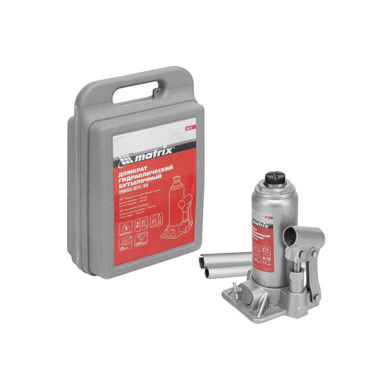 Домкрат автомобильный бутылочный MATRIX 3т, 178-343мм (50774)