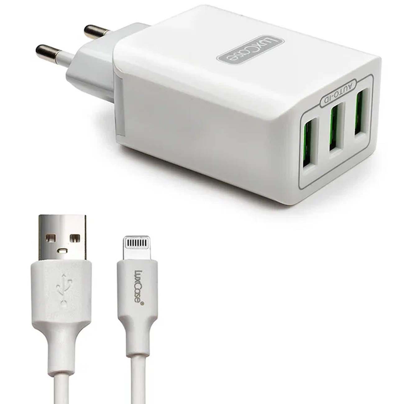 Сетевое зарядное устройство для Apple LuxCase 3 USB 32А + кабель Lightning 1м - 2A (белый)