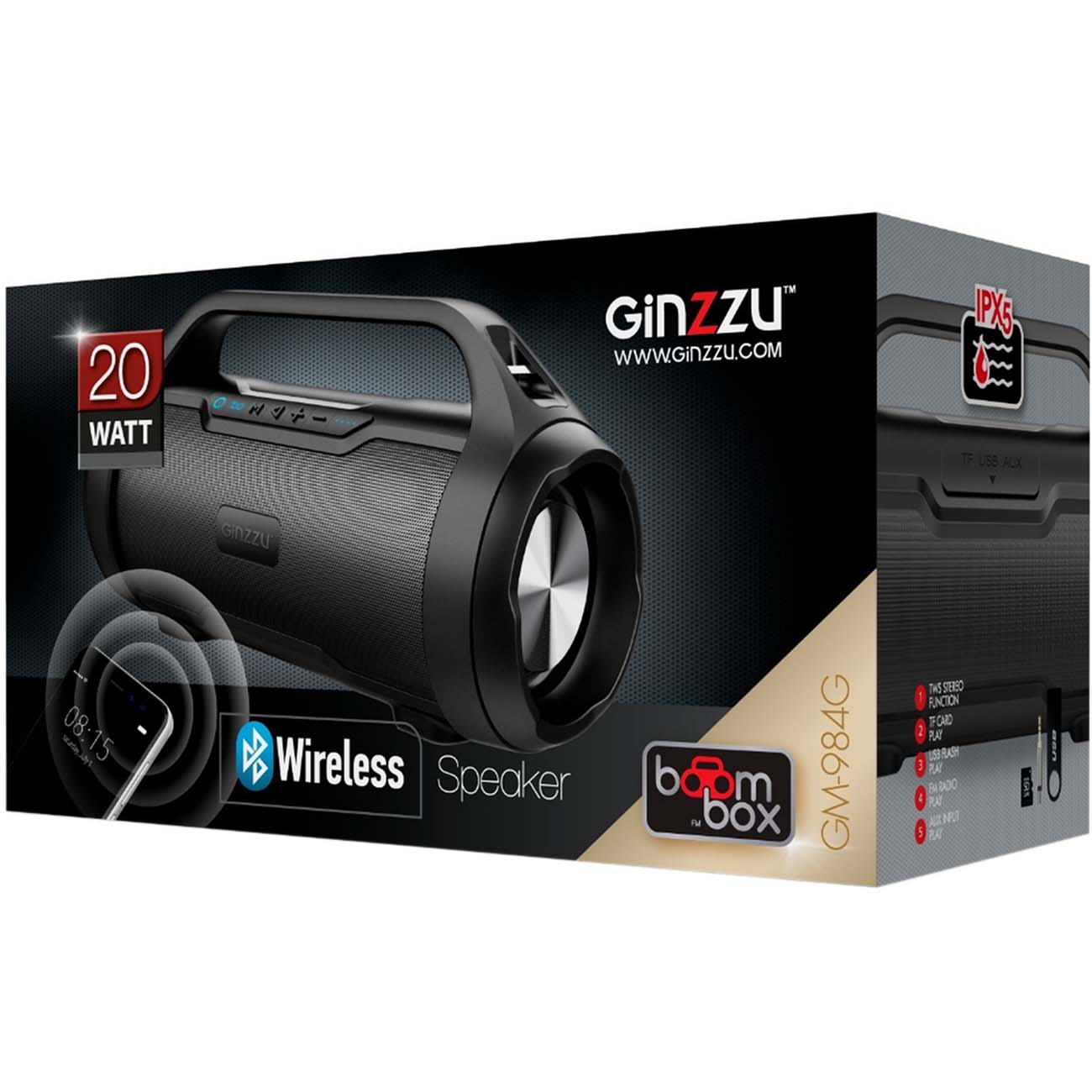 Беспроводная акустика Ginzzu 2x10W/TWS/USB/TFcard/AUX/FM/IPX5 (GM-984G)