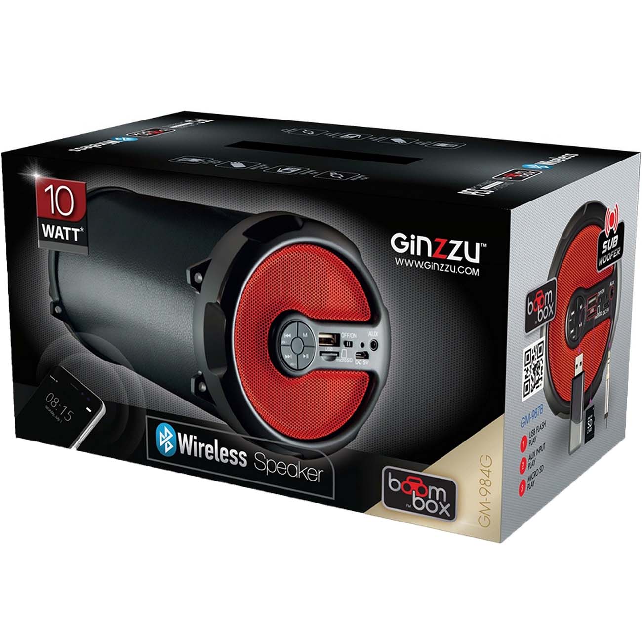 Беспроводная акустика Ginzzu 10W/USB/TF/AUX/FM/Subwoofer (GM-987B)