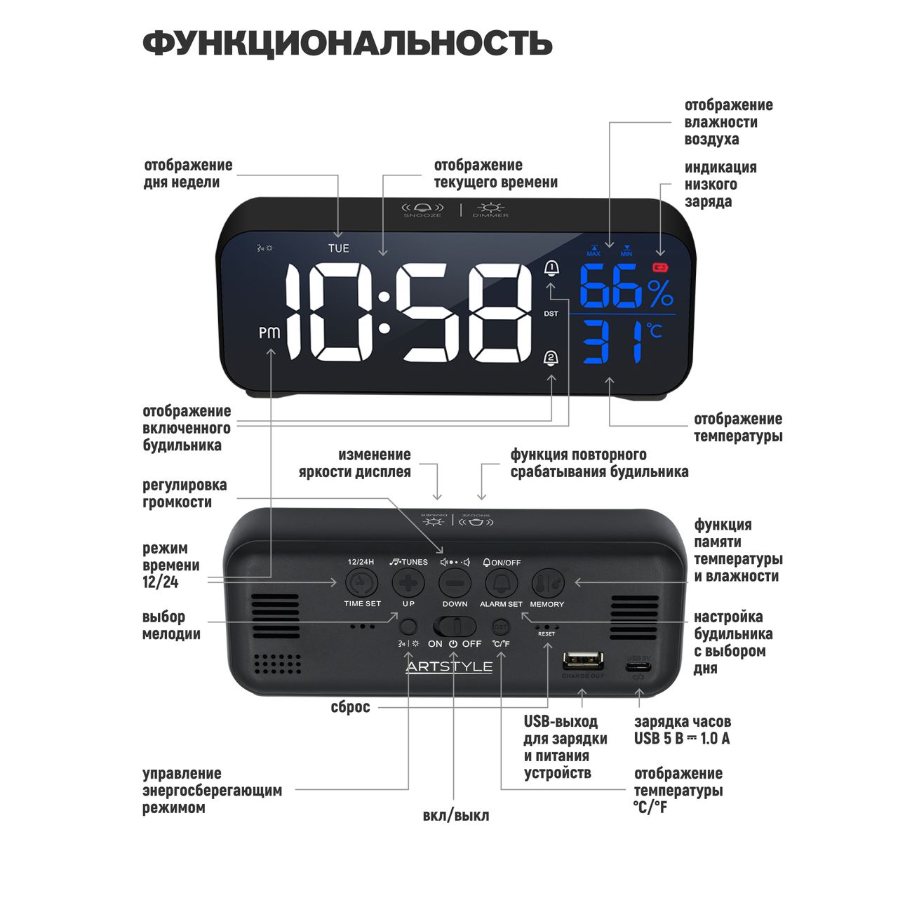 Часы настольные электронные ARTSTYLE CL-82BW