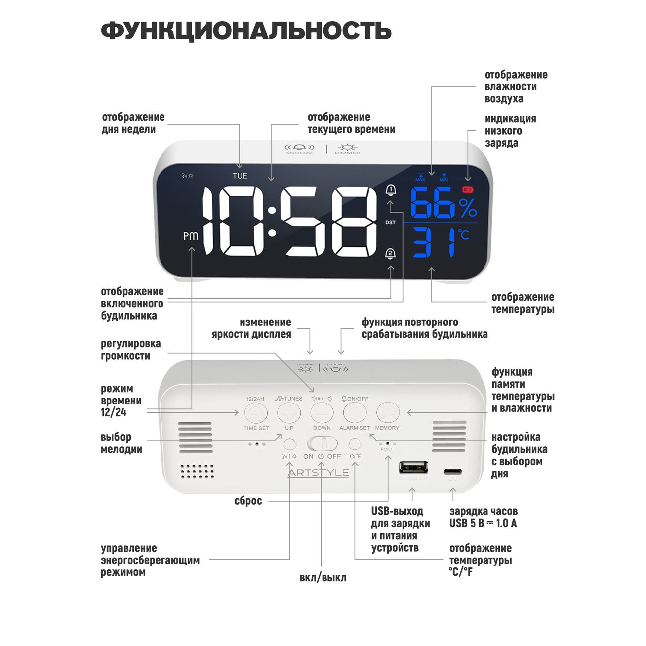 Часы настольные электронные ARTSTYLE CL-82WW