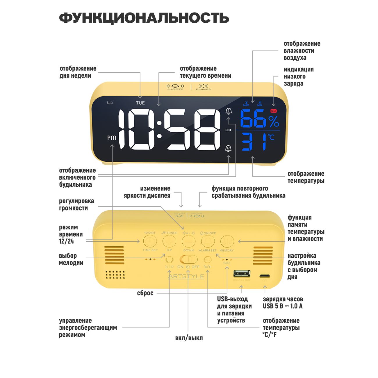 Часы настольные электронные ARTSTYLE CL-82YW