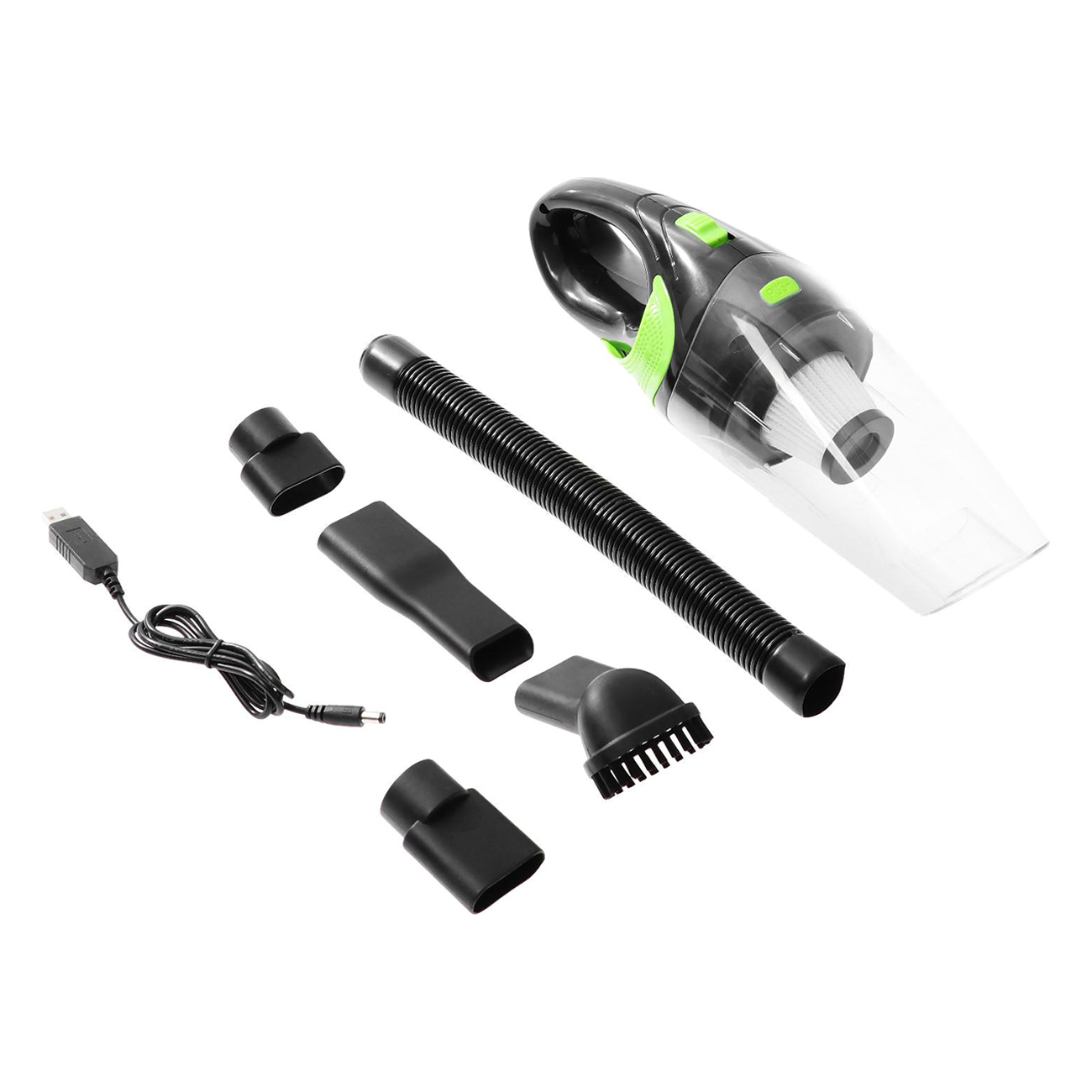 Пылесос автомобильный Cartage 3 насадки, черно-зеленый (5377457)