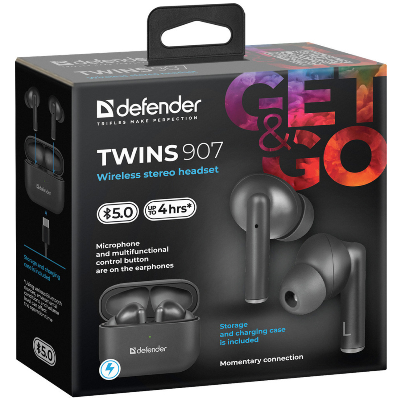 Наушники True Wireless Defender Twins 907 черный, TWS, Bluetooth (63907)