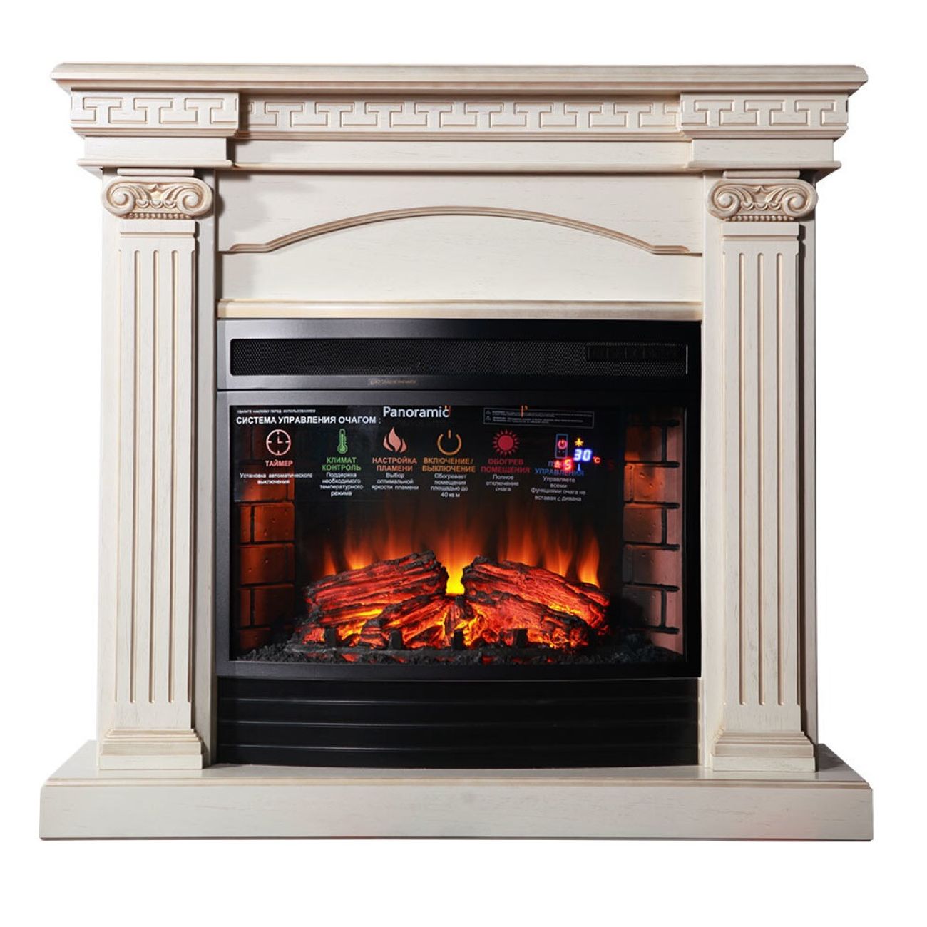 Камин электрический Inter Flame Афина Бежевый с золотой патиной с очагом Panoramic 25 LED FX QZ