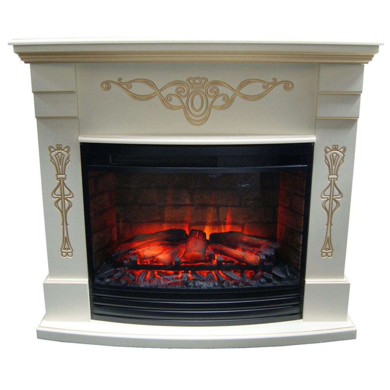 Камин электрический Inter Flame Идальго Бежевый с золотой патиной с очагом Panoramic 25-30 3D