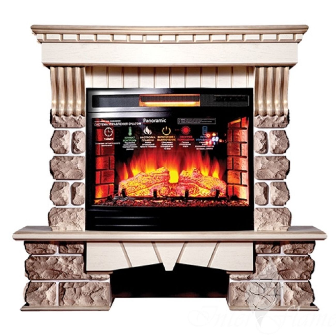Камин электрический Inter Flame Экстер Кавказ Бежевый с золотой патиной с очагом Panoramic 25