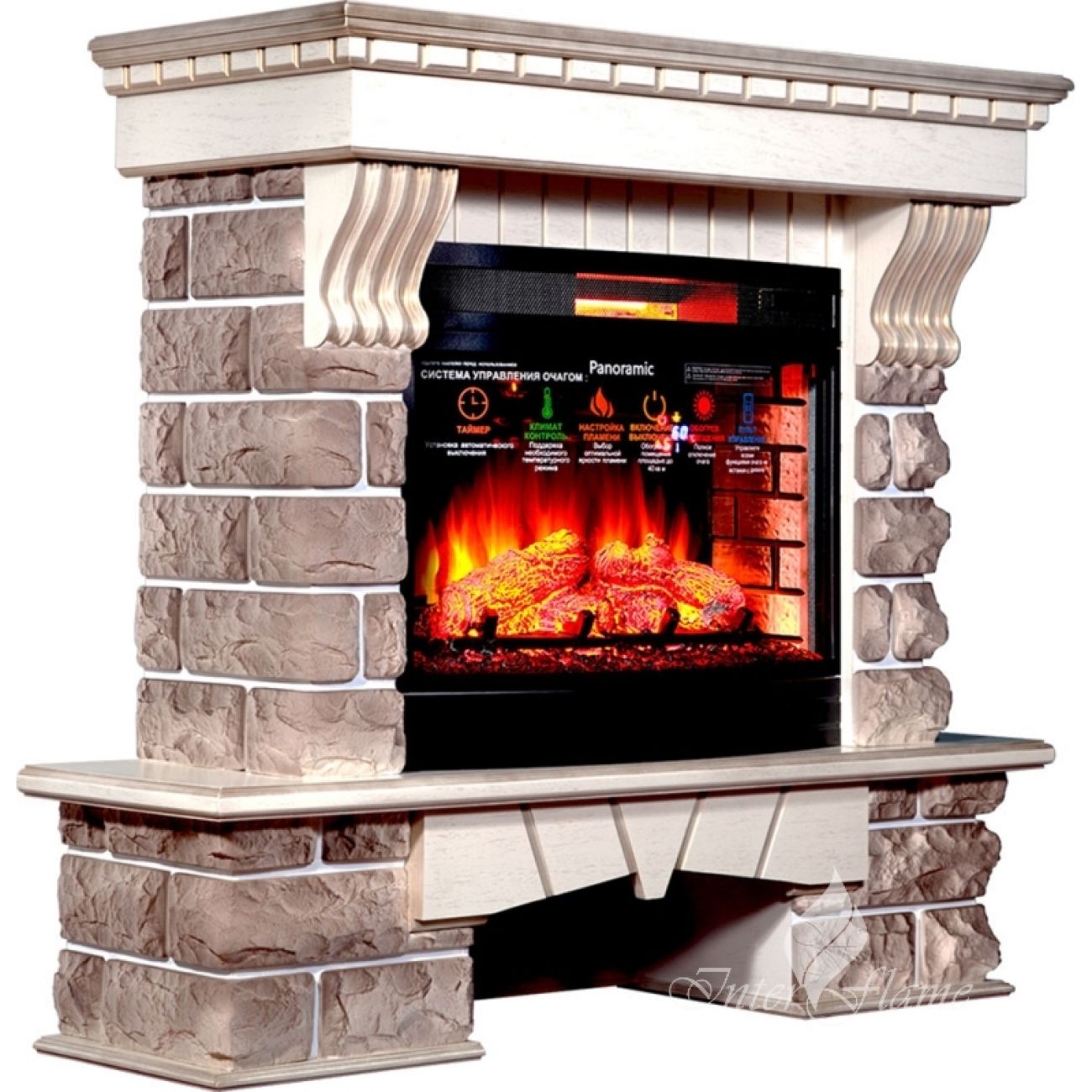 Камин электрический Inter Flame Экстер Кавказ Бежевый с золотой патиной с очагом Panoramic 25