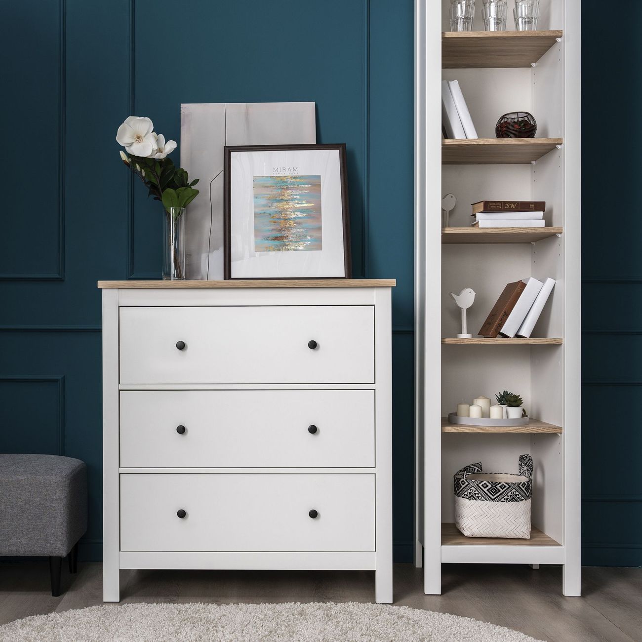 Комод Гуд Лакк САГА 3 ящика, белый/ясень