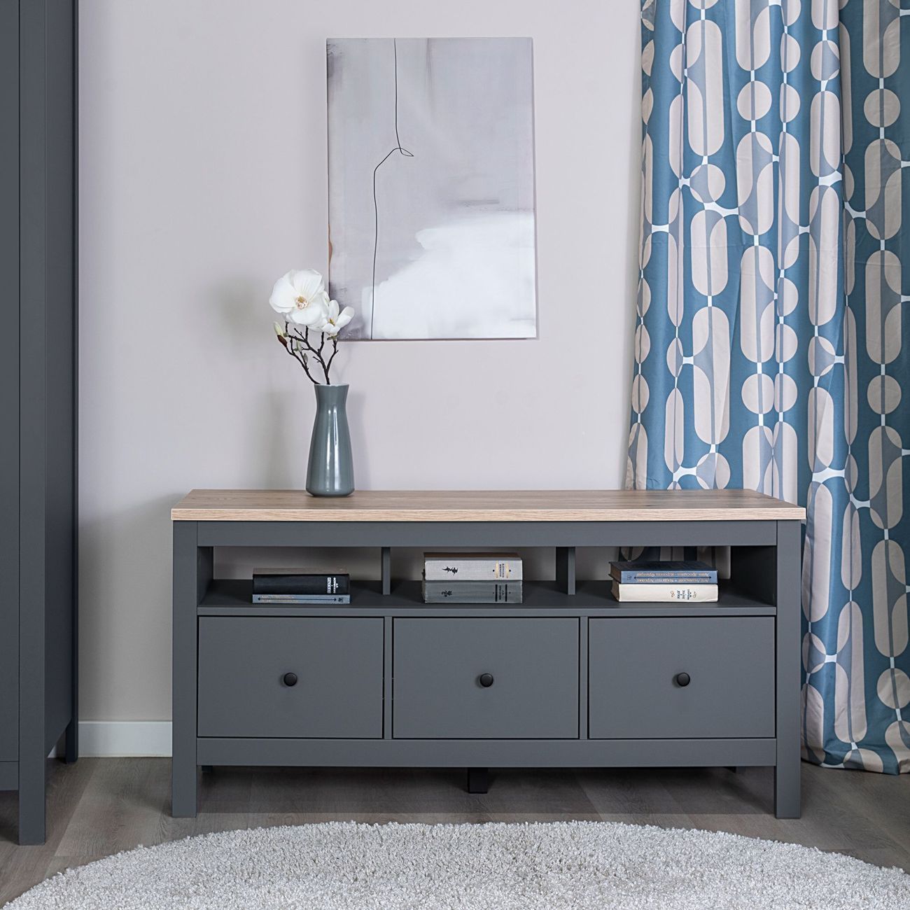 Тумба под телевизор Гуд Лакк САГА 3 ящика, серый/ясень