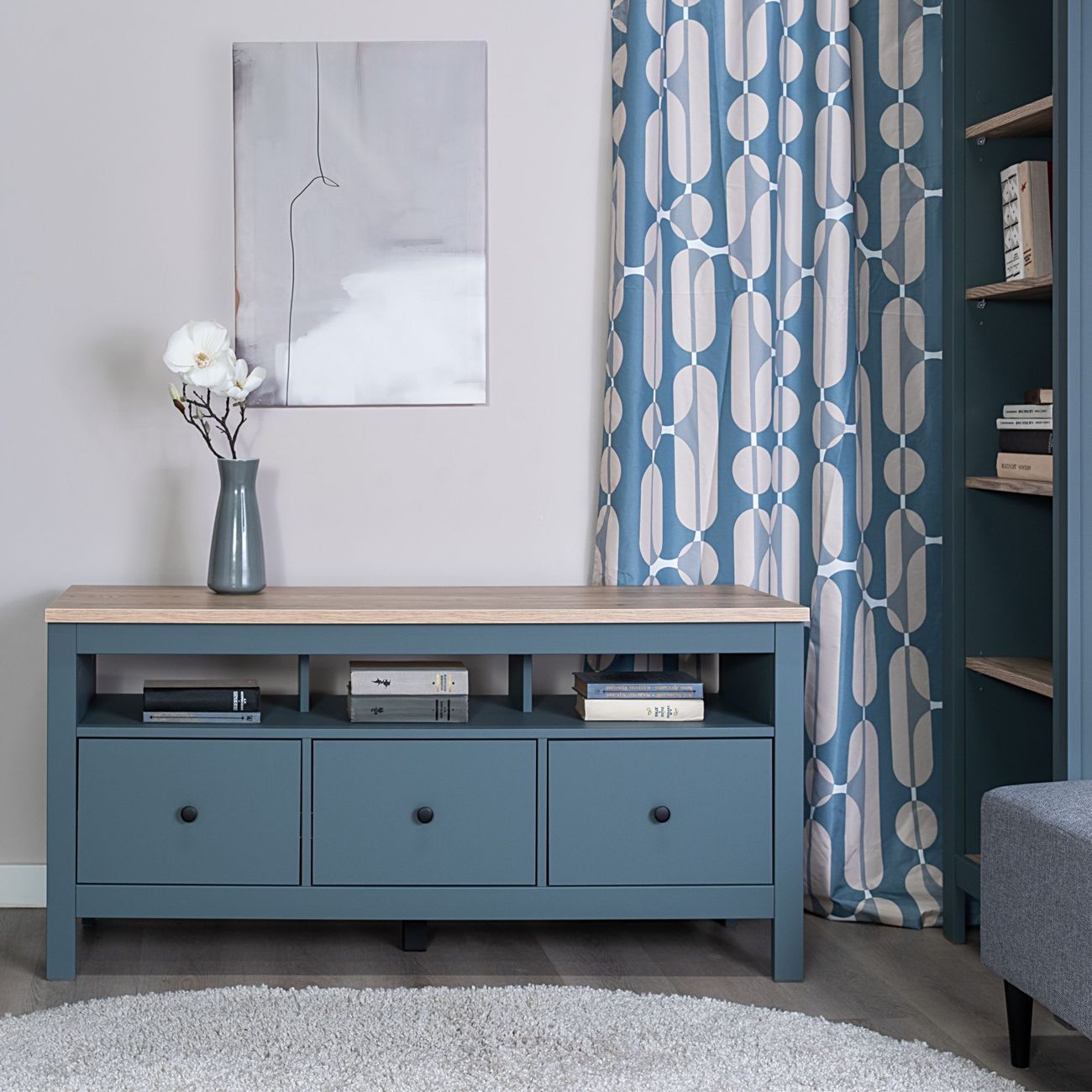 Тумба под телевизор Гуд Лакк САГА 3 ящика, темно-бирюзовый/ясень