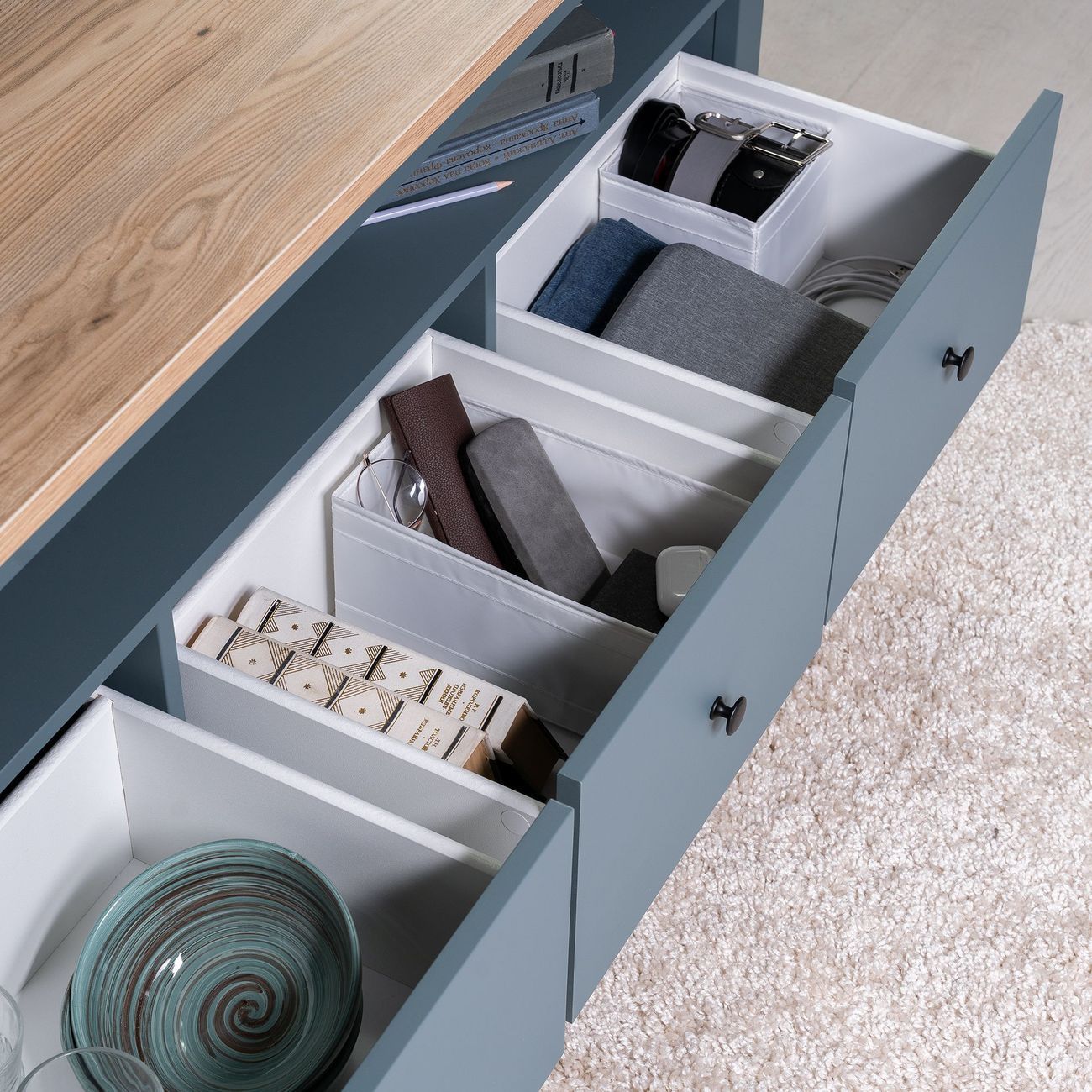 Тумба под телевизор Гуд Лакк САГА 3 ящика, темно-бирюзовый/ясень