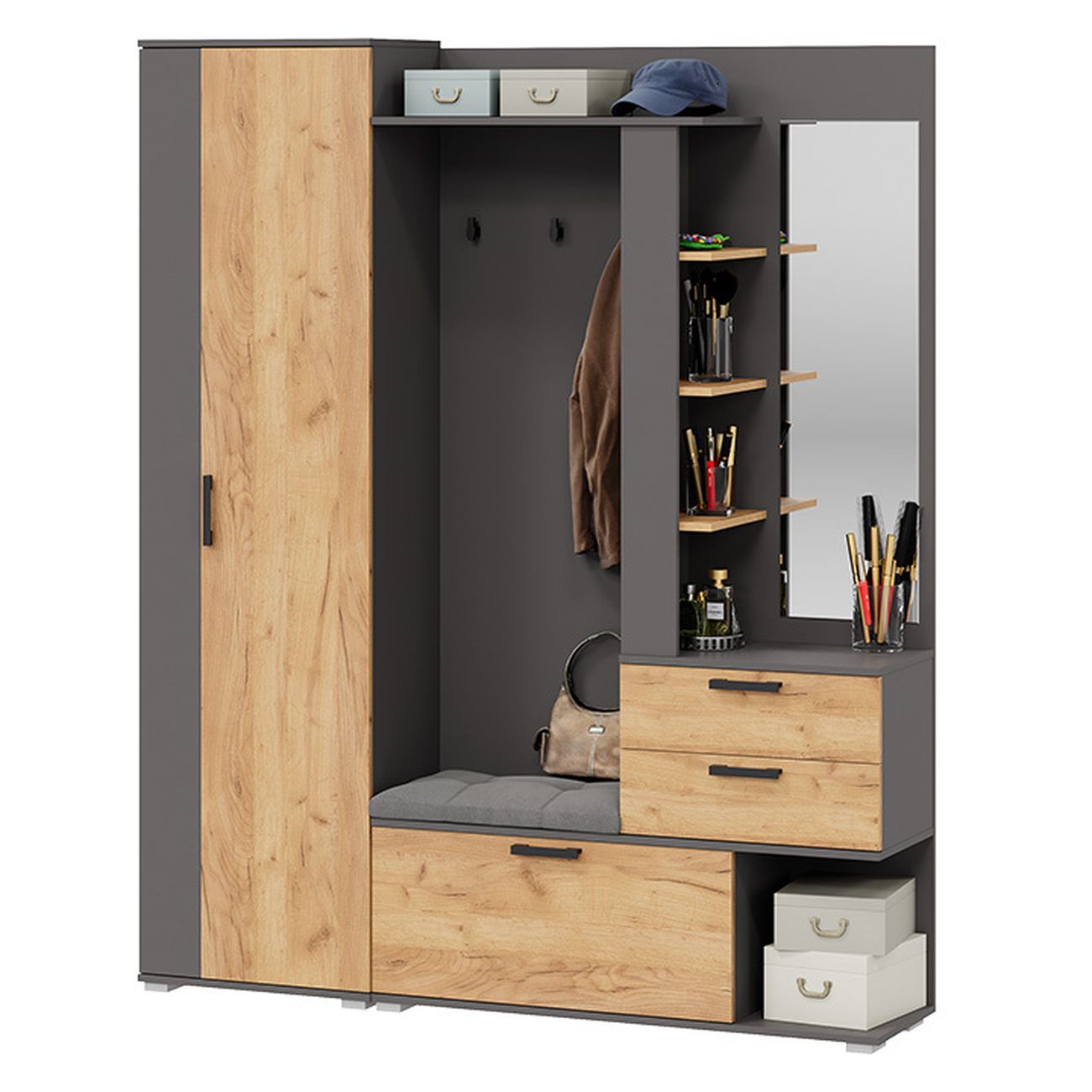 Шкаф для прихожей Трия Эрика 274284 графит серый/дуб крафт золотой
