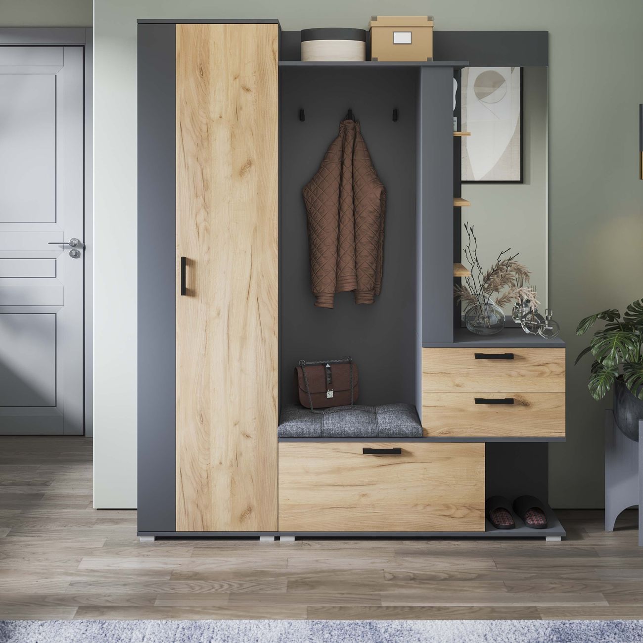 Шкаф для прихожей Трия Эрика 274284 графит серый/дуб крафт золотой