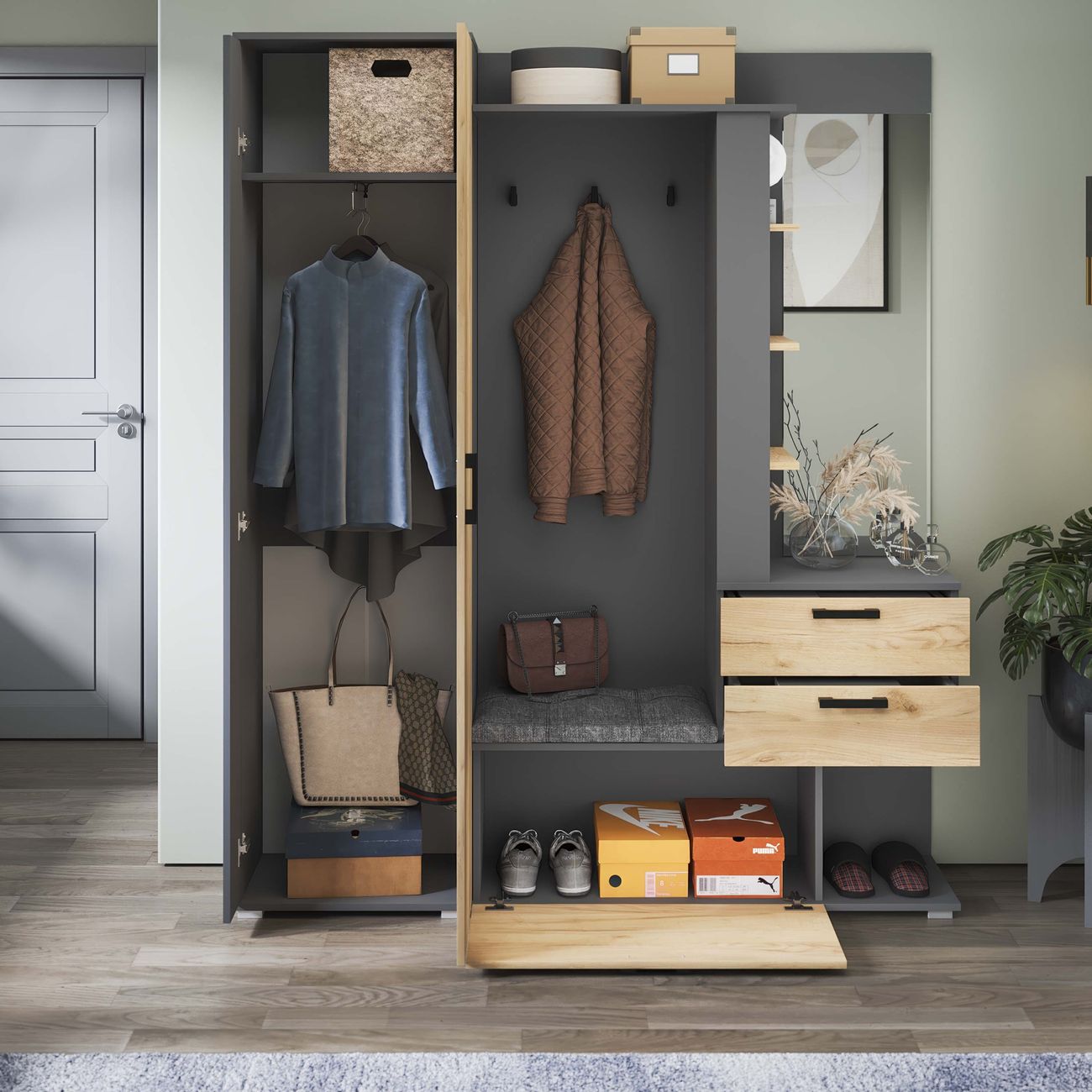 Шкаф для прихожей Трия Эрика 274284 графит серый/дуб крафт золотой