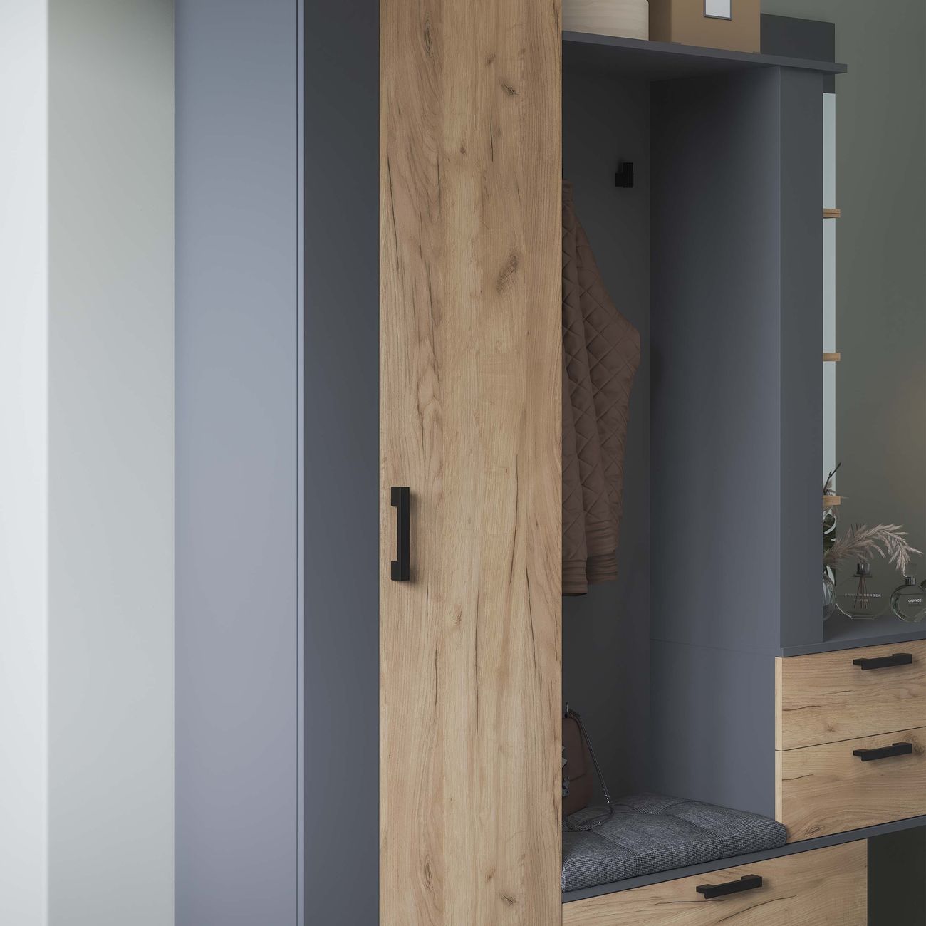 Шкаф для прихожей Трия Эрика 274284 графит серый/дуб крафт золотой