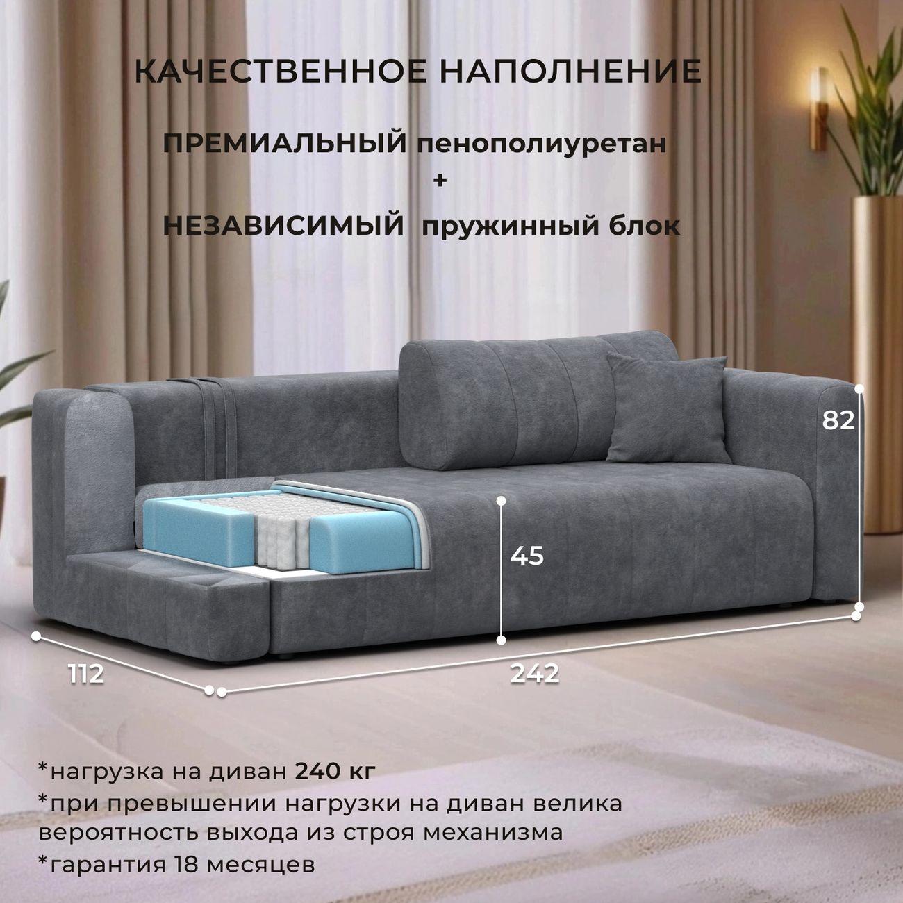 Диван Лига Диванов прямой Лига-062 НПБ, велюр BRUT 16 темно-серый