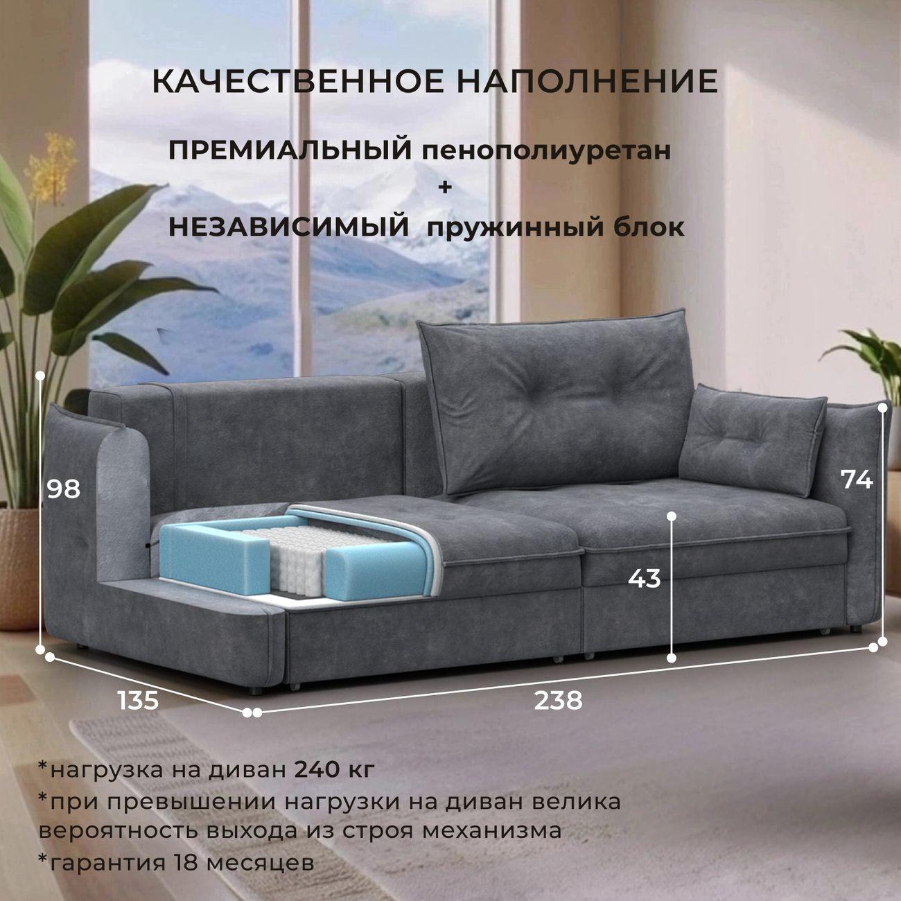 Диван Лига Диванов прямой Лига-100 НПБ, велюр BRUT 16 темно-серый