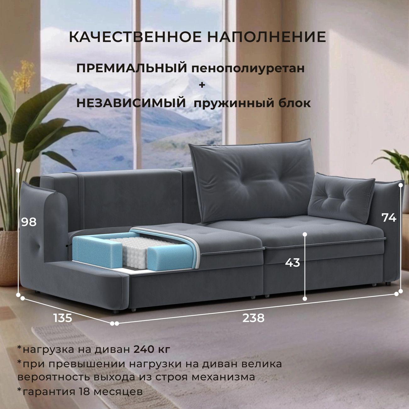 Диван Лига Диванов прямой Лига-100 НПБ, велюр SEVEN 17 серый