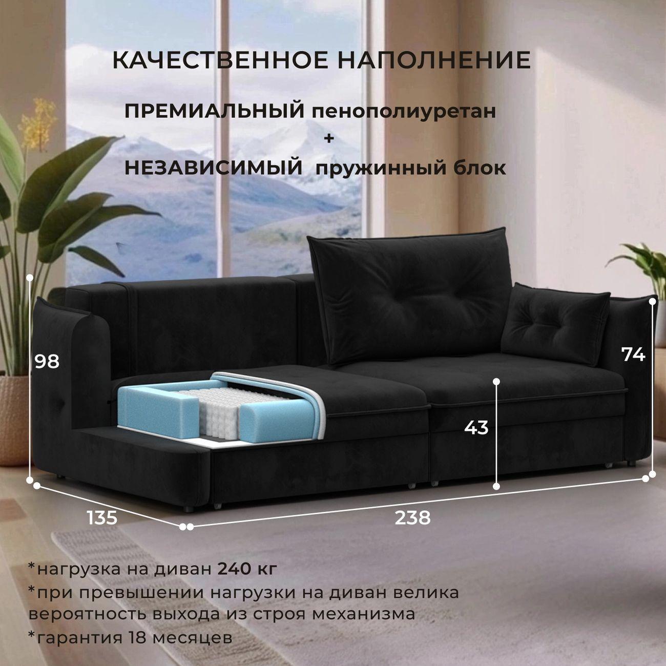 Диван Лига Диванов прямой Лига-100 НПБ, велюр SEVEN 35 черный